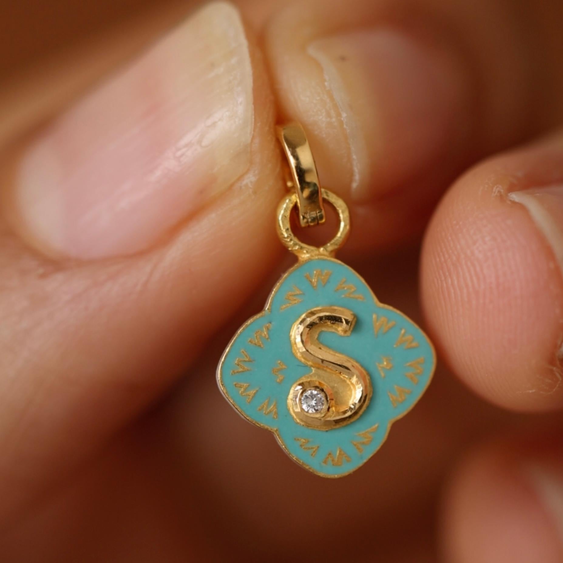 22K Gold Initial 'S' Turquoise Floral Enamel Reversible Charm Handmade by Agaro For Sale 1