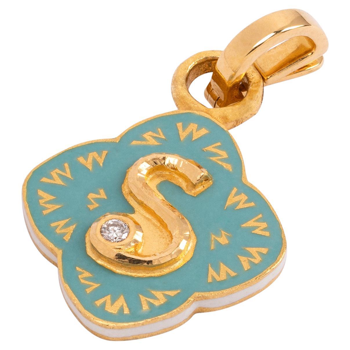 22K Gold Initial 'S' Turquoise Floral Enamel Reversible Charm Handmade by Agaro For Sale