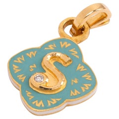 22K Gold Initial 'S' Turquoise Floral Enamel Reversible Charm Handmade by Agaro