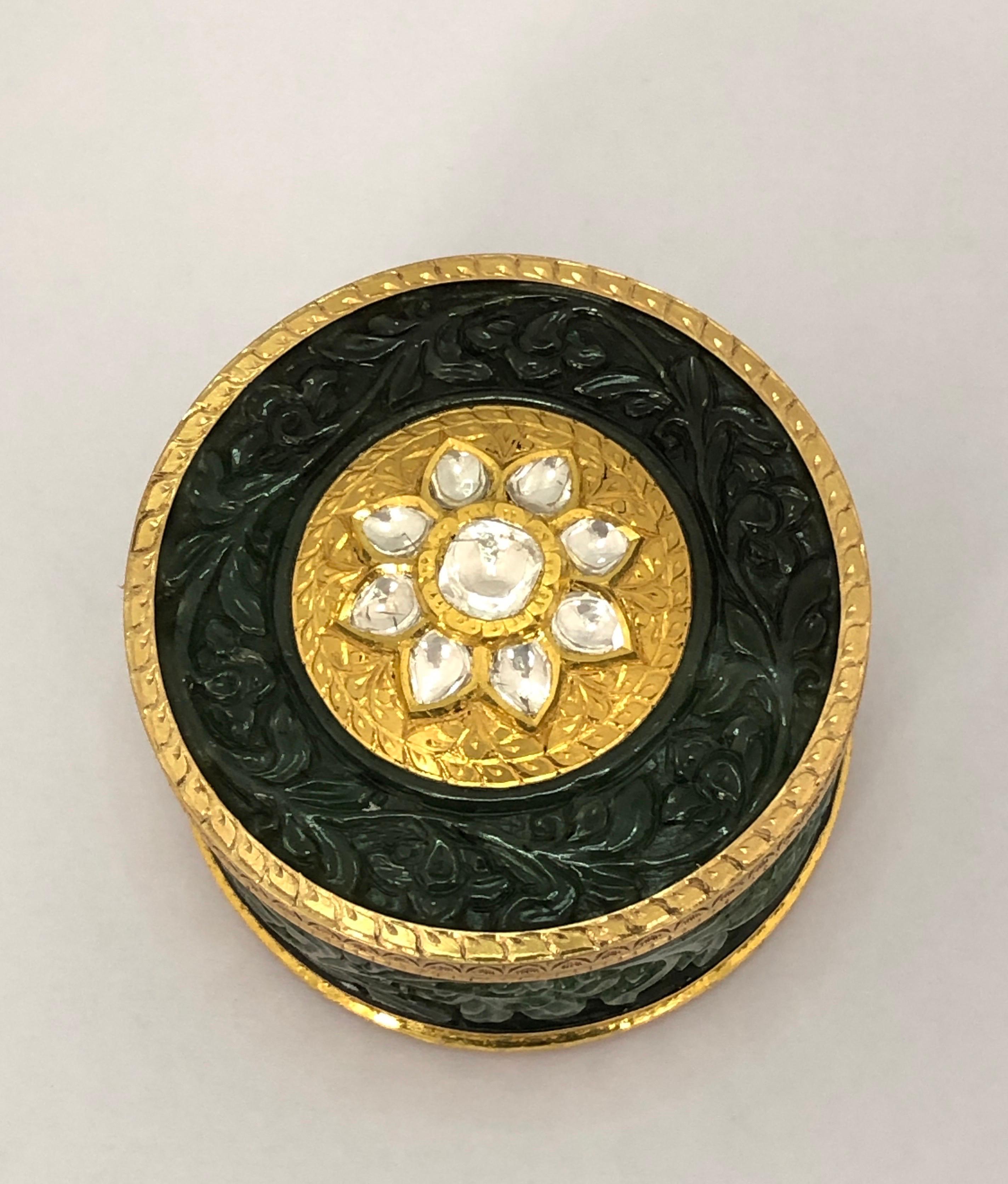 22K Gold Jade mughal carving box studded with diamonds 1