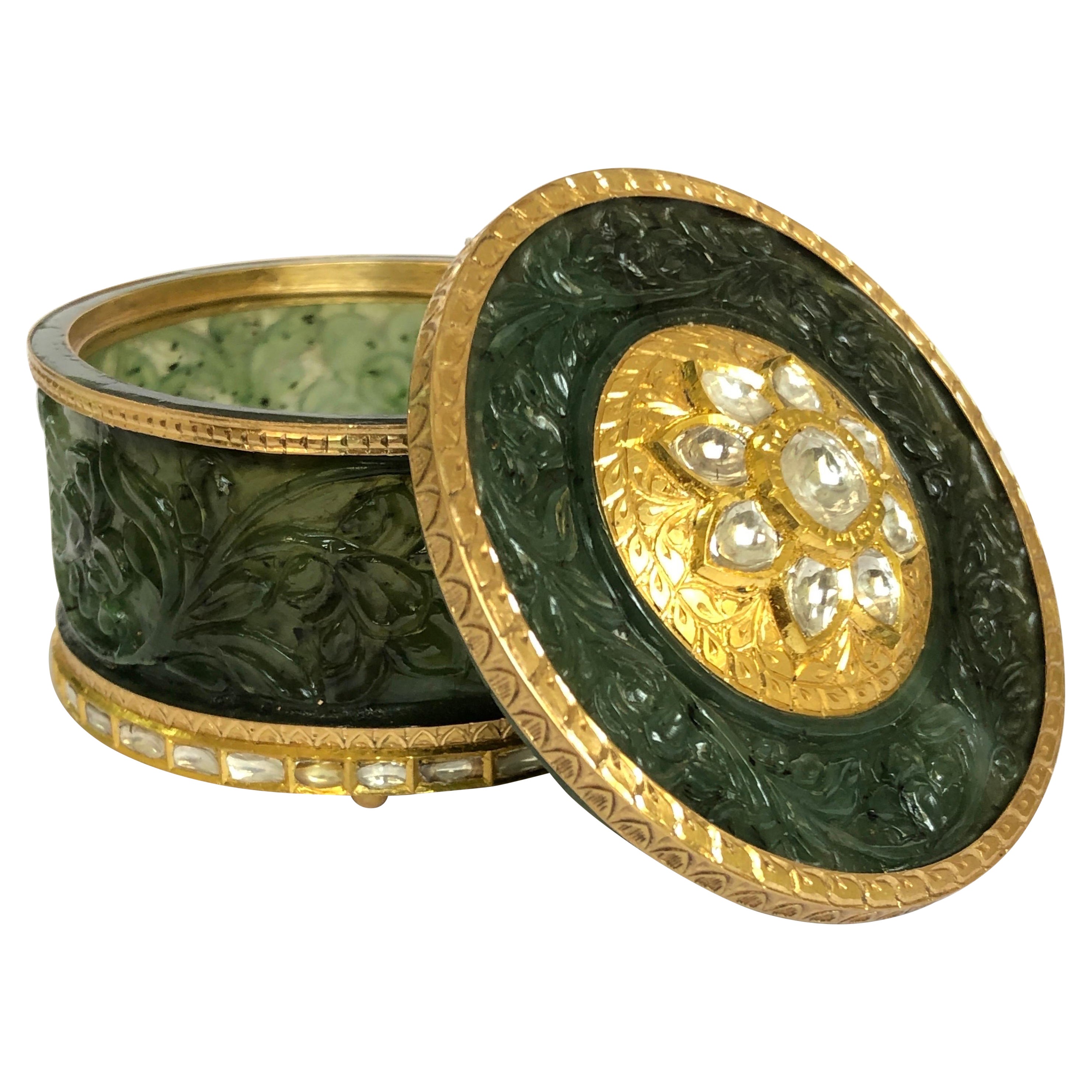 22K Gold Jade mughal carving box studded with diamonds