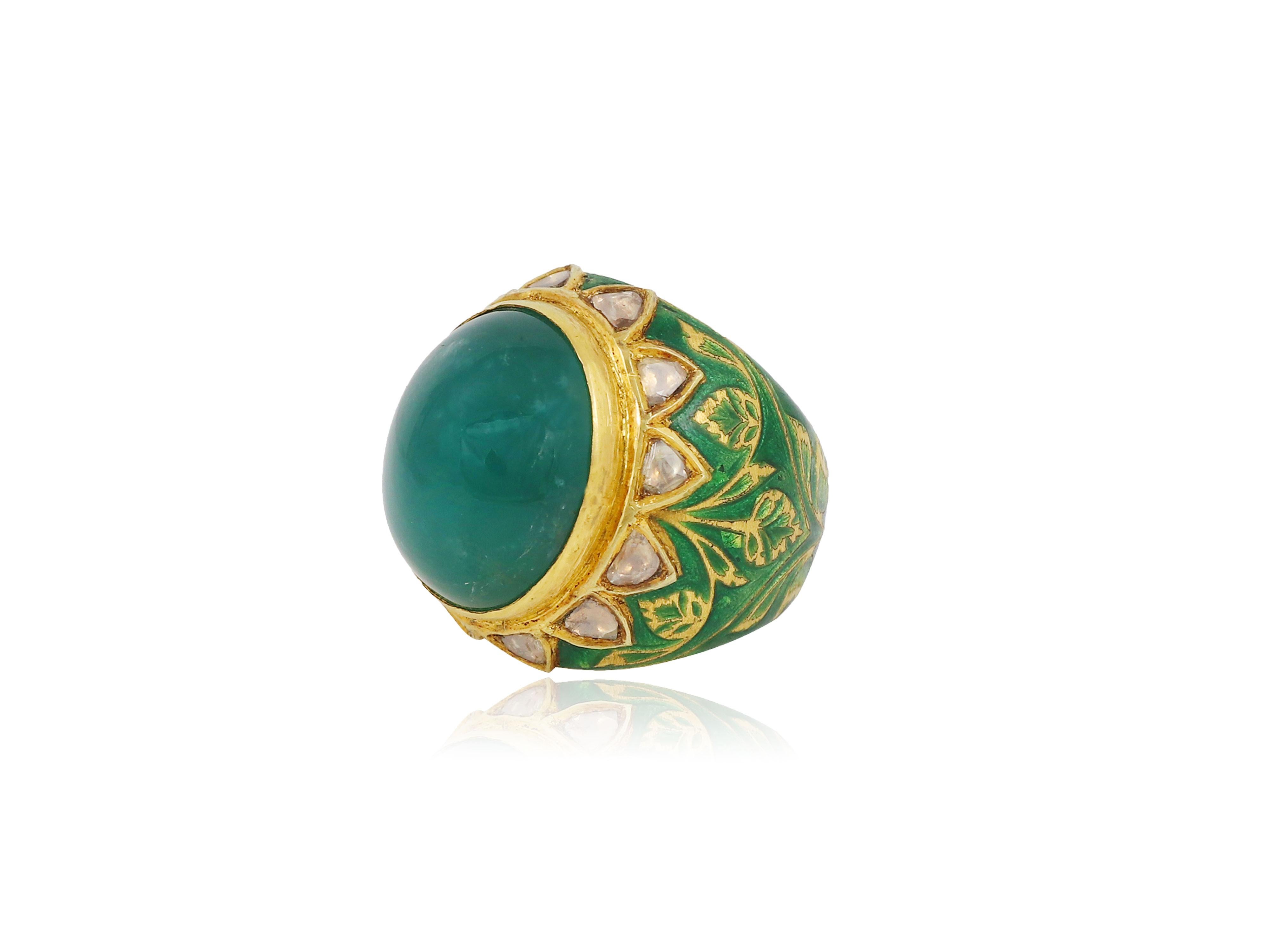 Cabochon 22K Gold Kundan Meena Enamel Ring with natural Zambian emerald and diamonds For Sale
