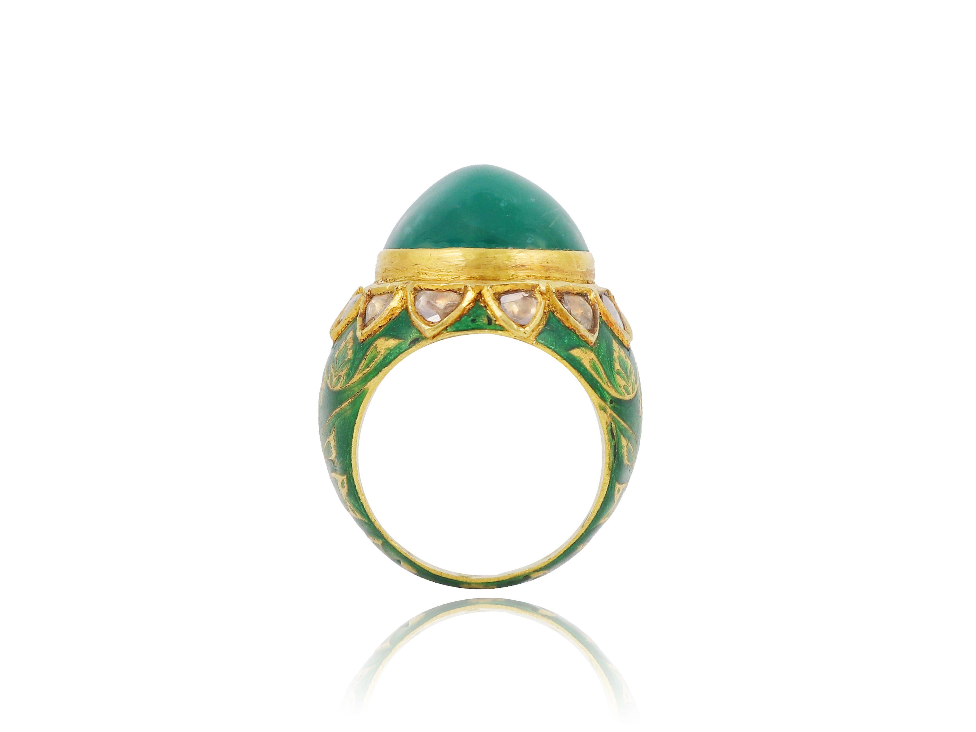 22K Gold Kundan Meena Enamel Ring with natural Zambian emerald and diamonds In New Condition For Sale In Bangkok,, TH