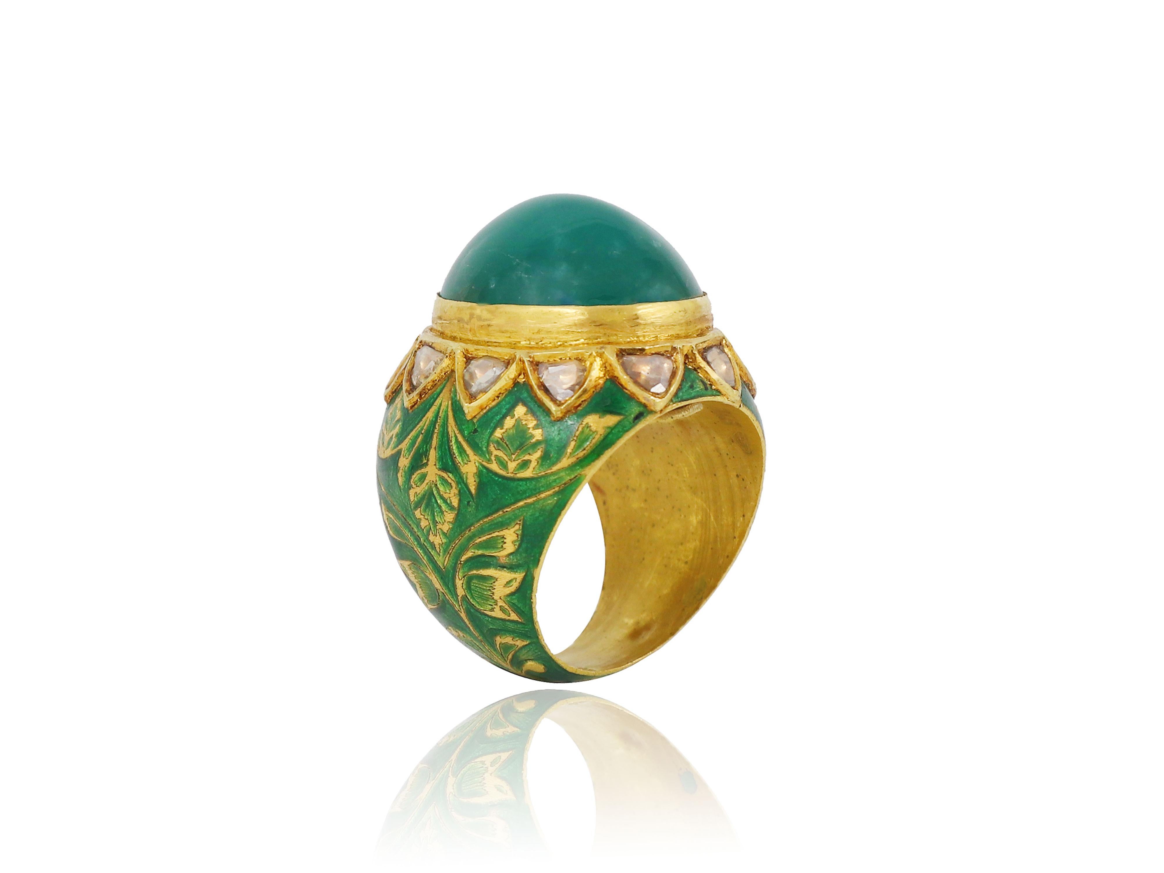 Women's or Men's 22K Gold Kundan Meena Enamel Ring with natural Zambian emerald and diamonds For Sale