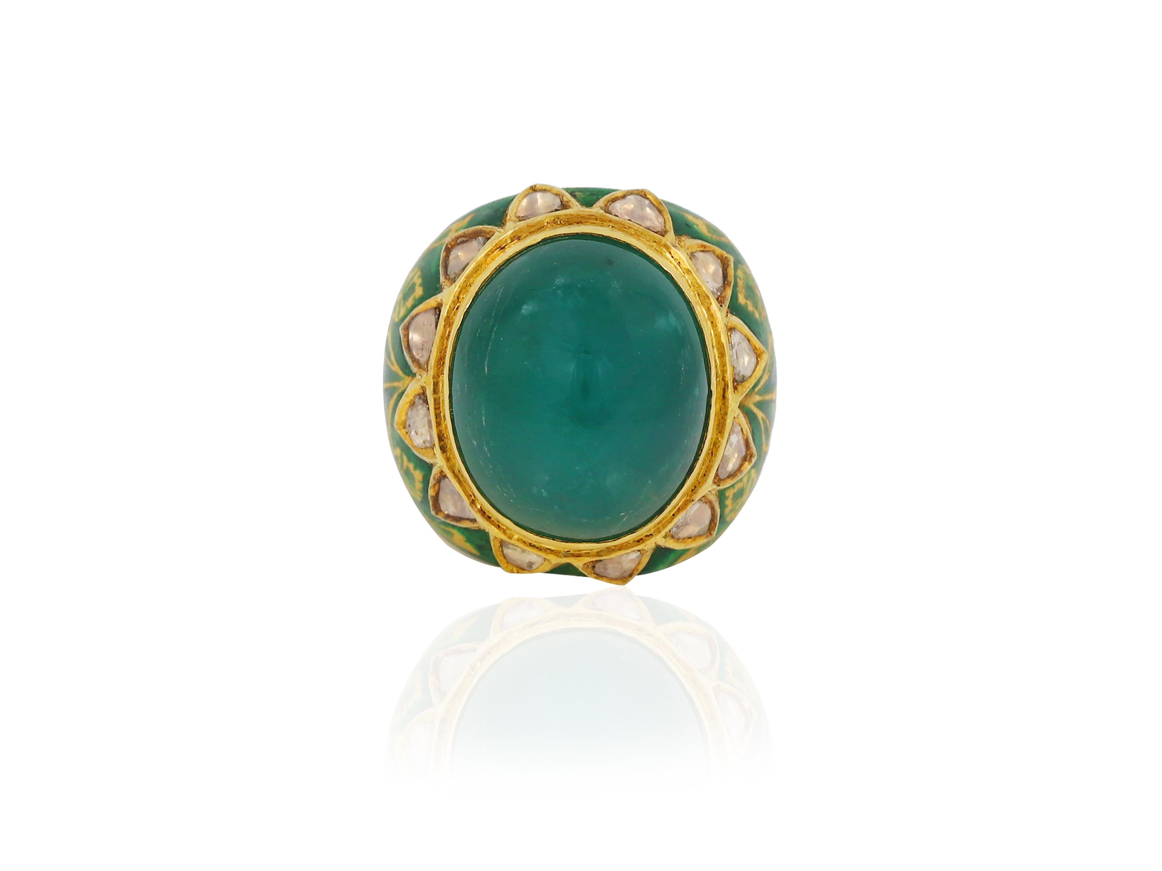 22K Gold Kundan Meena Enamel Ring with natural Zambian emerald and diamonds For Sale 1