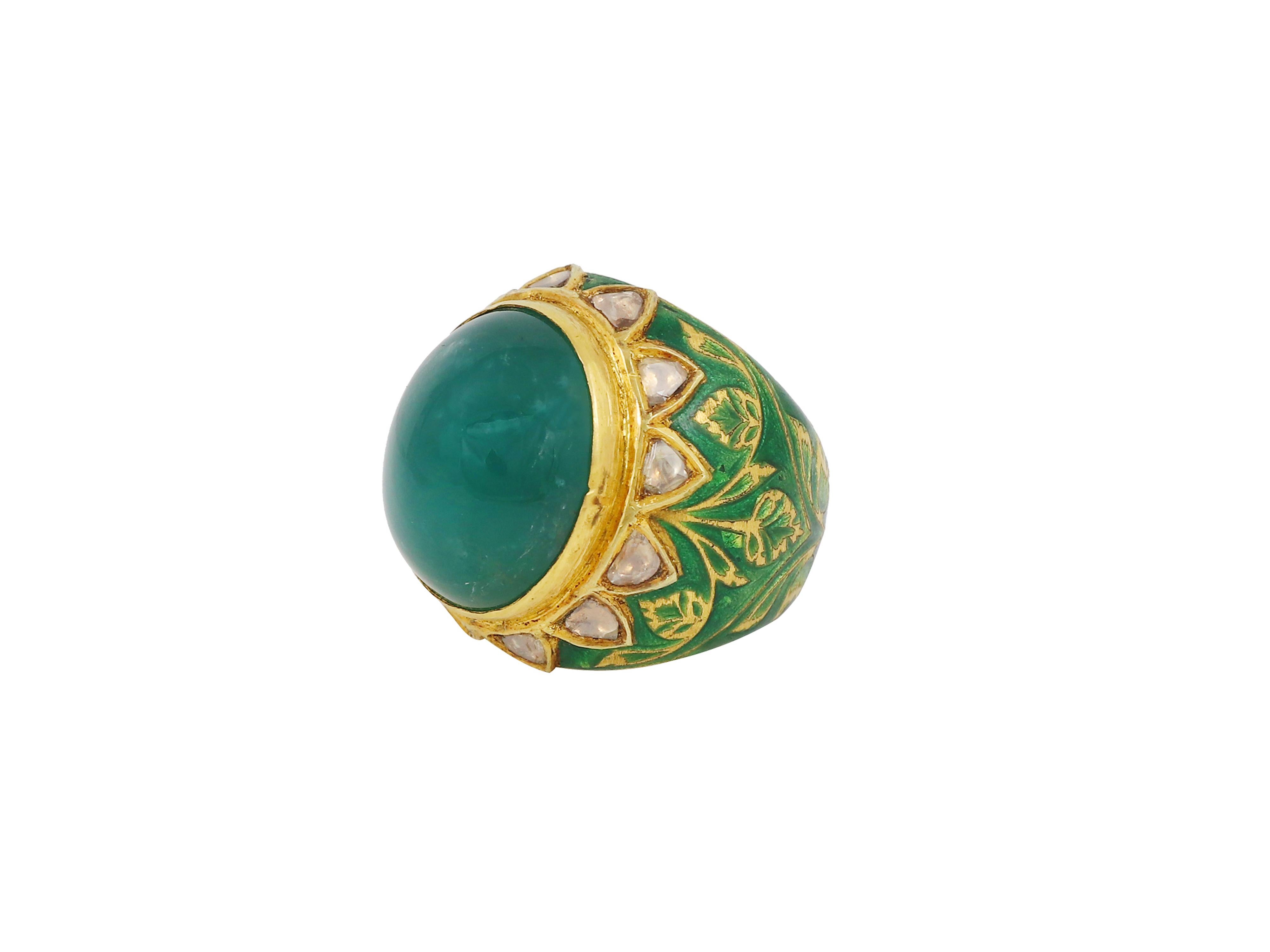 22K Gold Kundan Meena Enamel Ring with natural Zambian emerald and diamonds For Sale 2