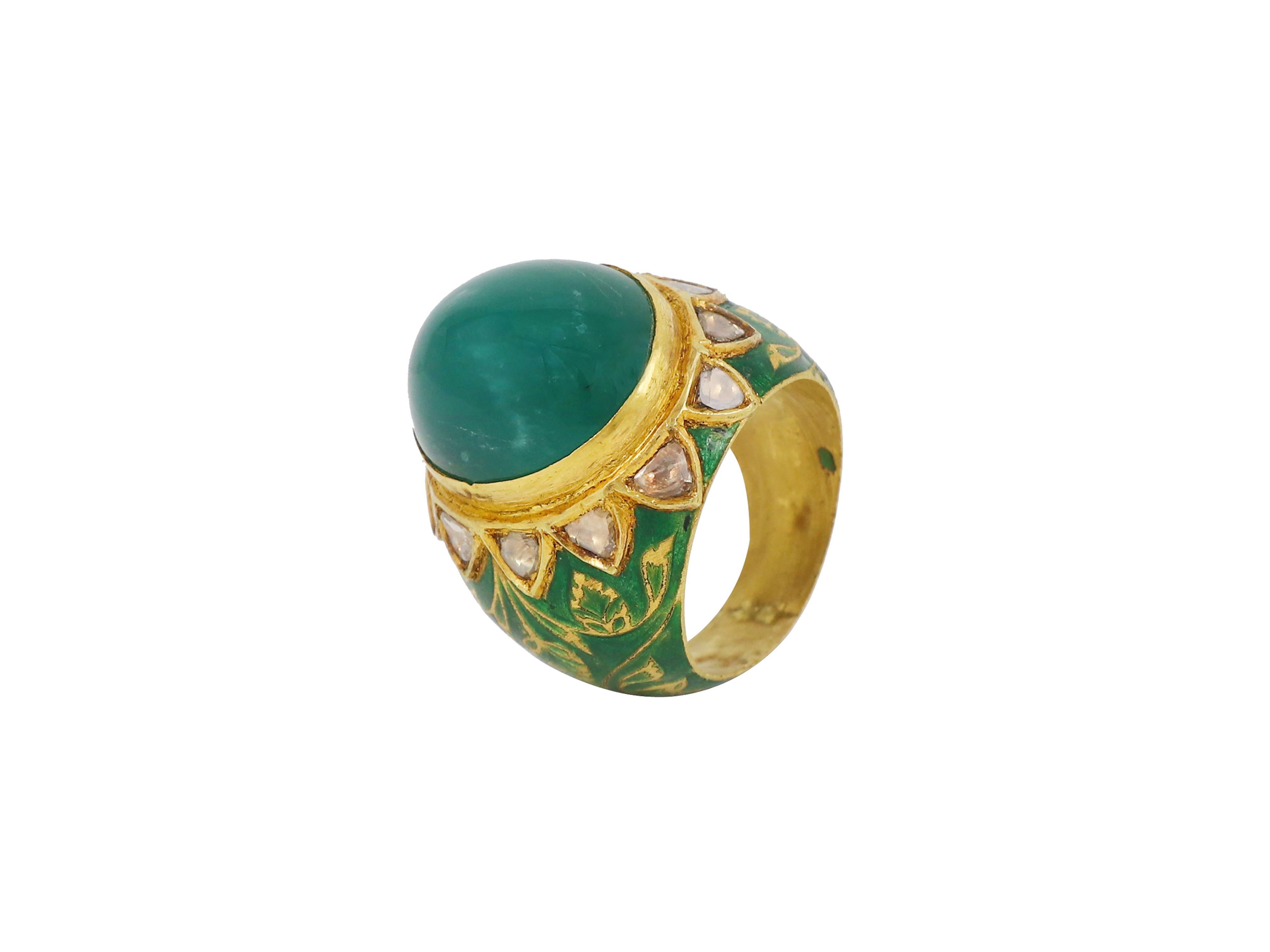 22K Gold Kundan Meena Enamel Ring with natural Zambian emerald and diamonds For Sale 3