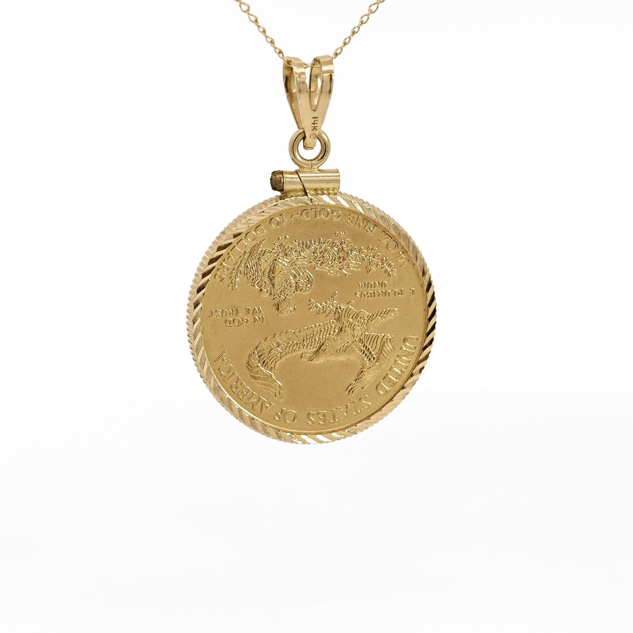 Pendentif Lady Liberty américain 10 dollars 1/4 OZ (2010) en or 22 carats avec cadre en 14 carats Excellent état - En vente à Miami, FL