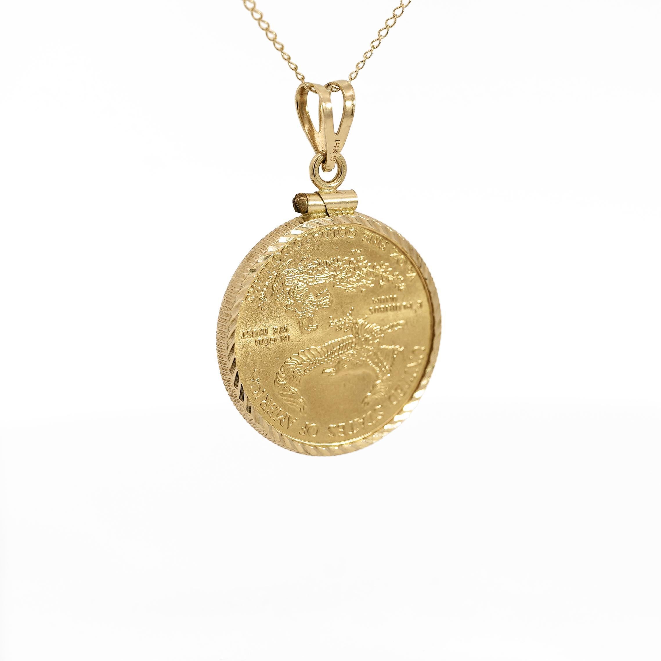 Pendentif Lady Liberty américain 10 dollars 1/4 OZ (2010) en or 22 carats avec cadre en 14 carats Unisexe en vente