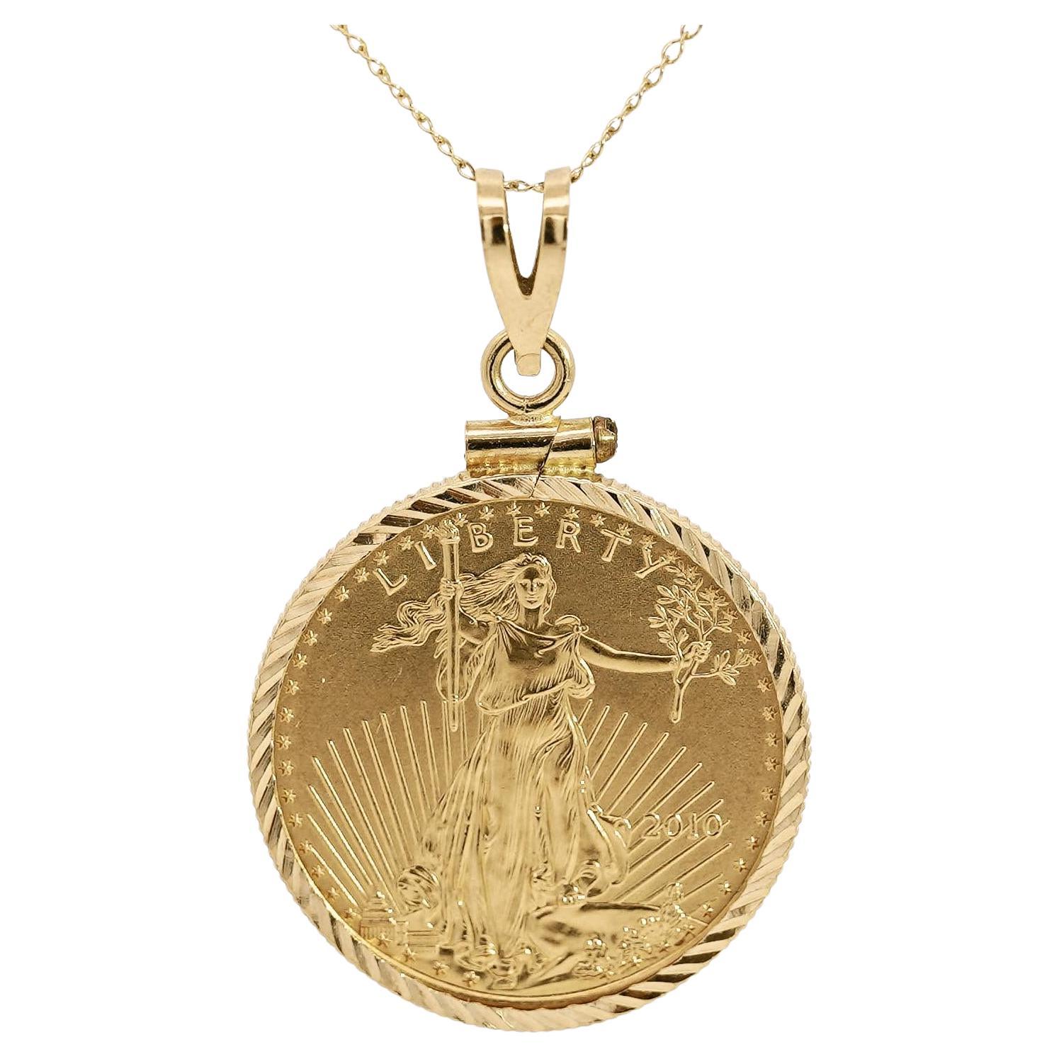 22K Gold Lady Liberty US 10 Dollar 1/4 OZ Coin (2010) Pendant in 14K Frame