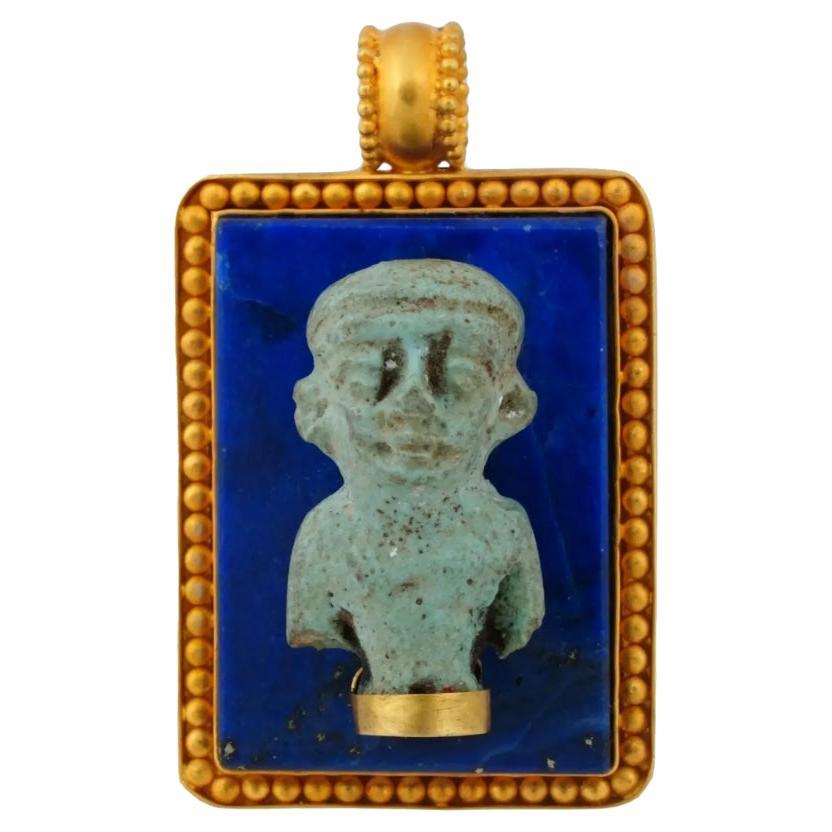 22K Gold Lapis Lazuli Ancient Egyptian Faience Figurine For Sale