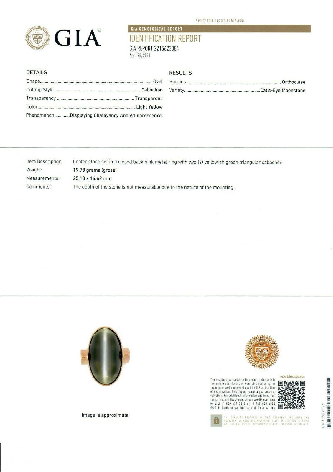 22K Gold Large GIA Oval Cabochon Bezel Cat's Eye Moonstone Trillion Peridot Ring 4