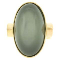 22K Gold Large GIA Oval Cabochon Bezel Cat's Eye Moonstone Trillion Peridot Ring