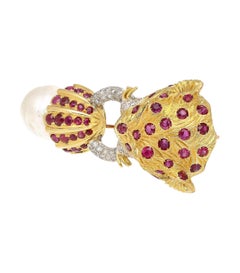 22K Gold Leopard Head Brooch - Emerald, Ruby, Diamond & Baroque Pearl