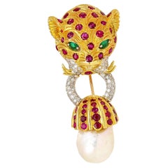 22K Gold Leopard Head Brooch - Emerald, Ruby, Diamond & Baroque Pearl