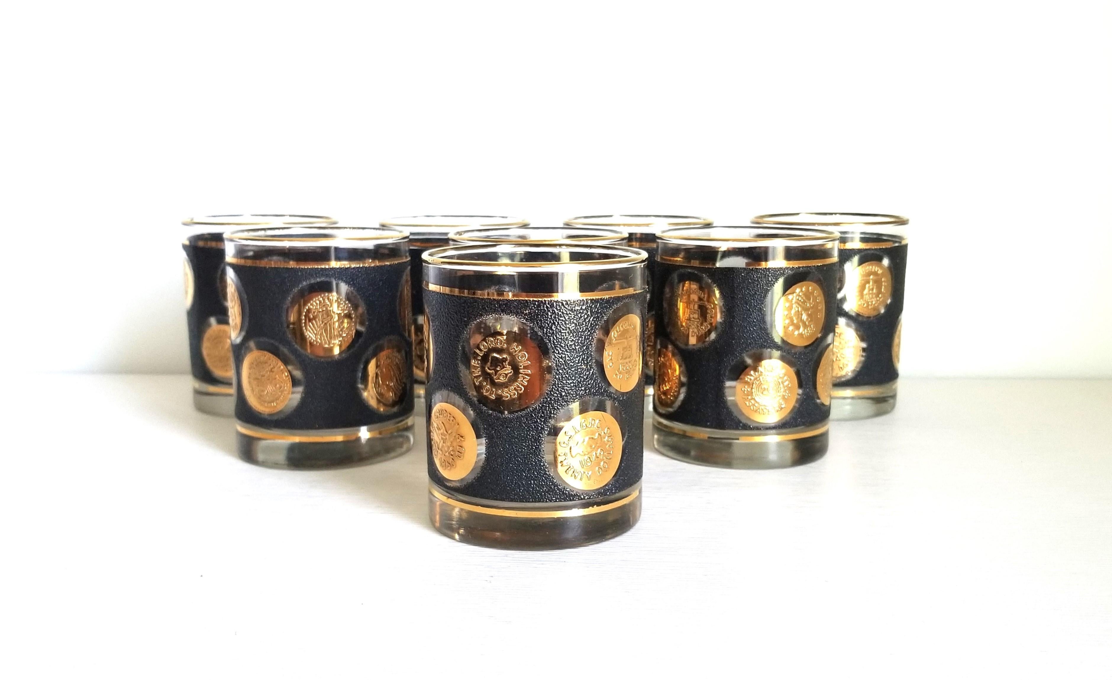1960s Mid. Verres à l'ancienne Century 22K Gold Double de Libbey. Magnifique ensemble de verrerie ou Barware. Excellent état. Complète de 8.. 