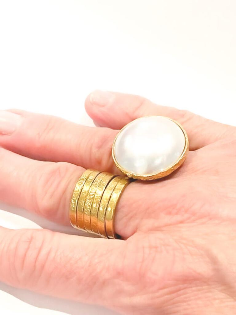 Round Cut 22k Gold Mabe Pearl Signature Cocktail Ring by Tagili For Sale