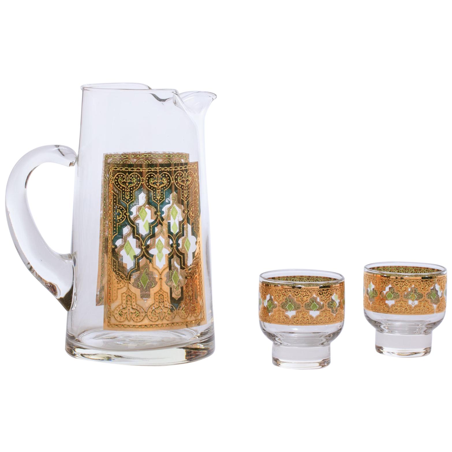 22-Karat Gold Moroccan Themed Vintage Beverage or Water Pitcher with Glasses