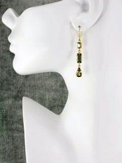 Margery Hirschey 22 Karat Gold Mossy Green Three-Stone Tourmaline Earrings