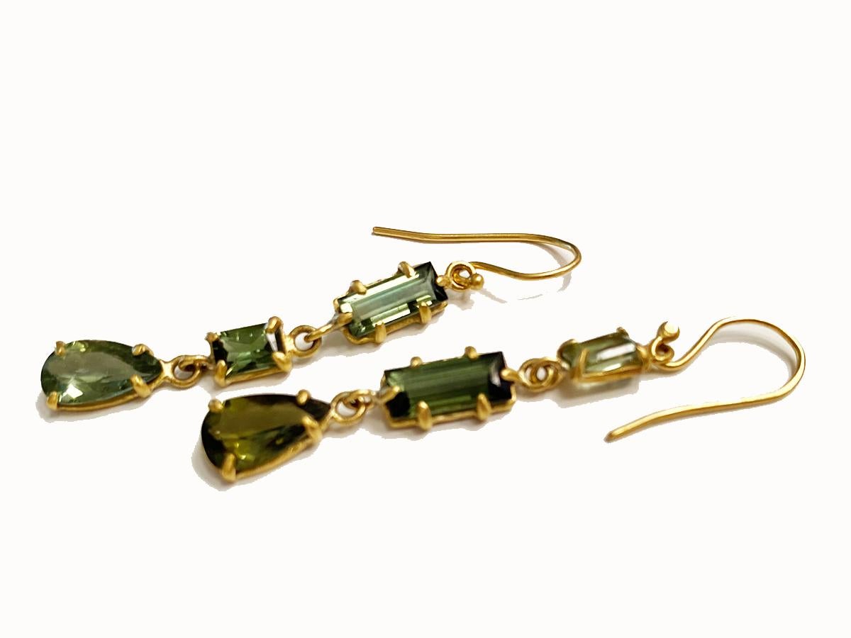 Emerald Cut Margery Hirschey 22 Karat Gold Mossy Green Three-Stone Tourmaline Earrings For Sale