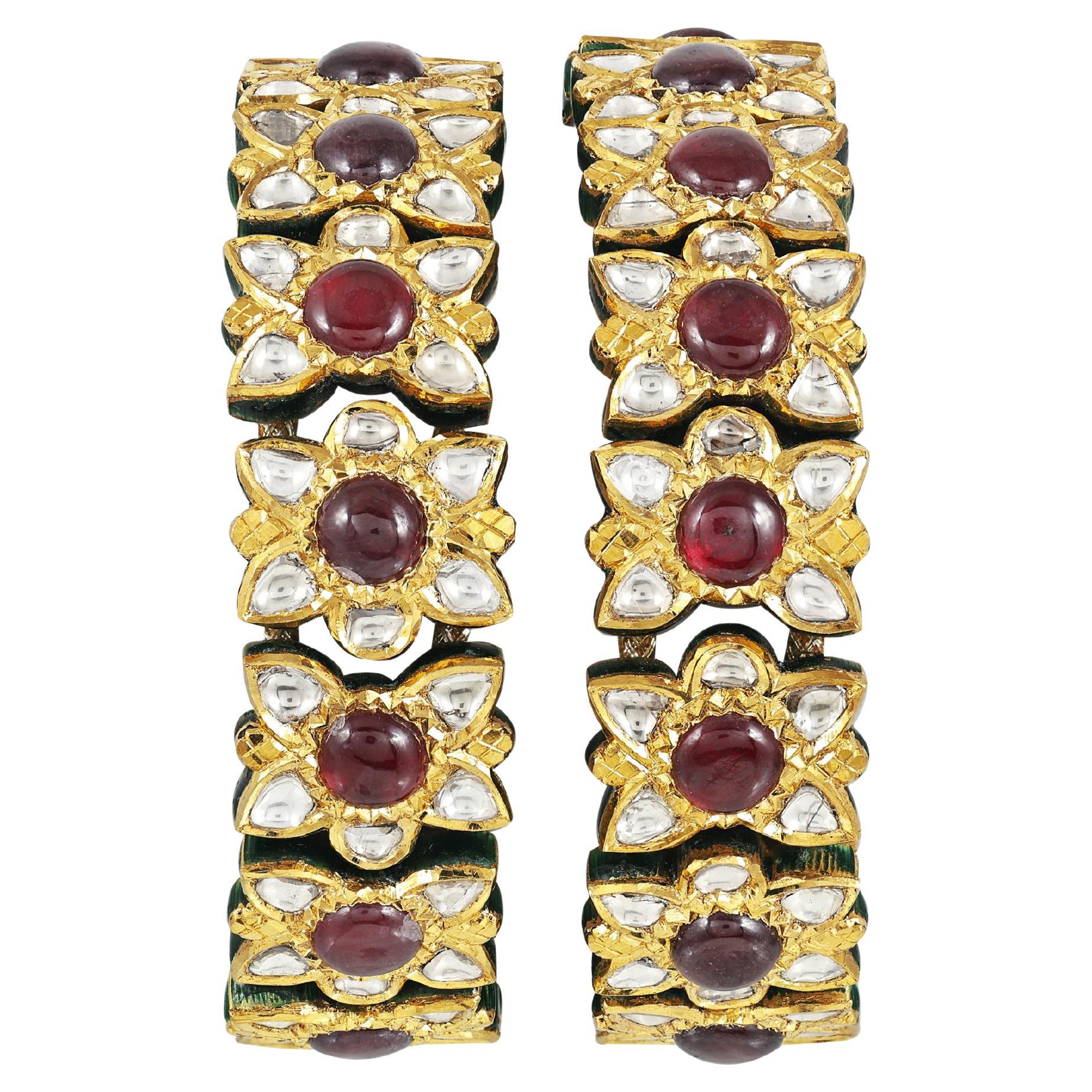 22K gold Mughal Indian Diamond polki and ruby bracelet with enamel