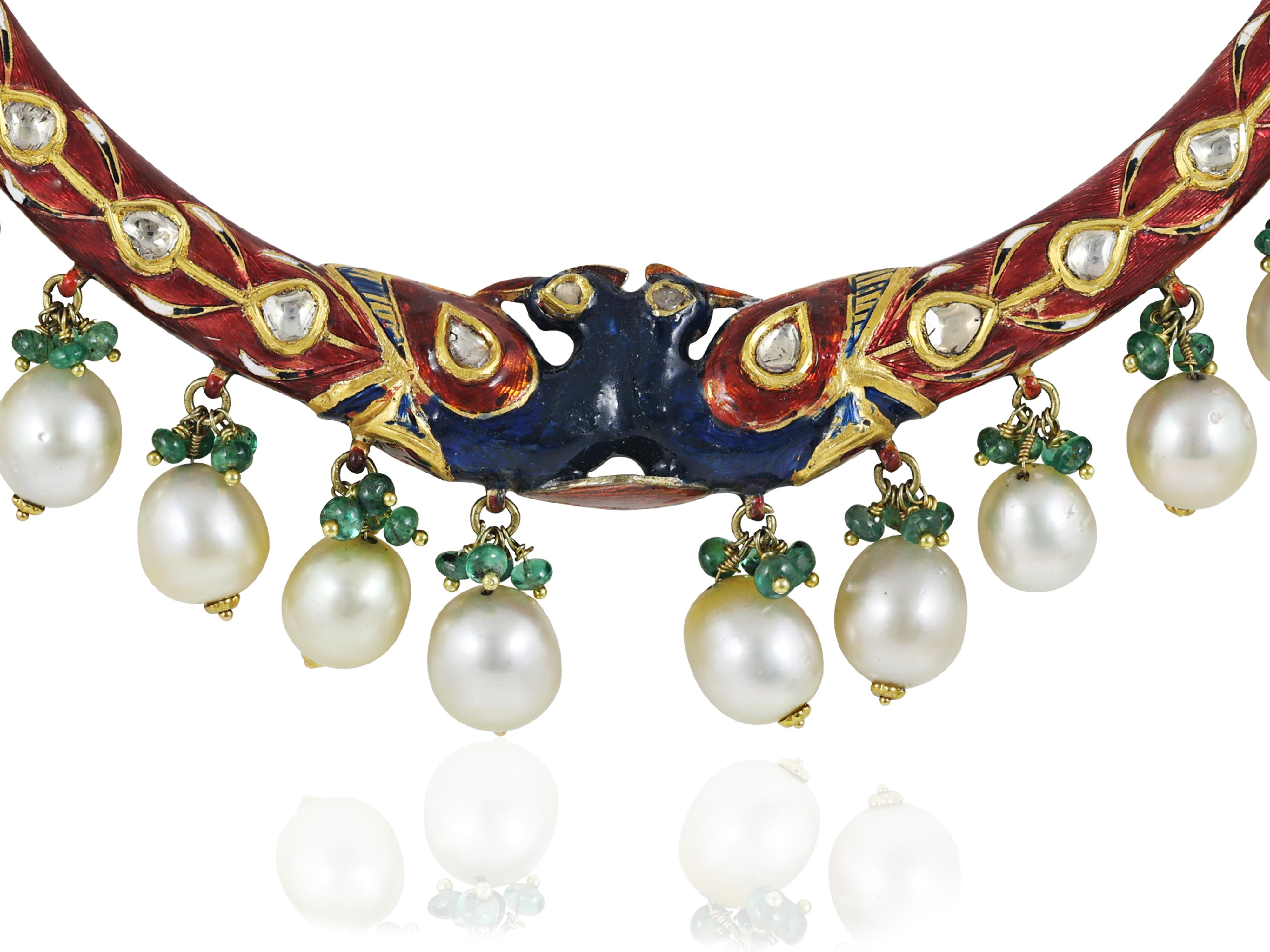 Uncut 22K gold Mughal Indian peacock necklace with diamond polki, enamel and south sea For Sale