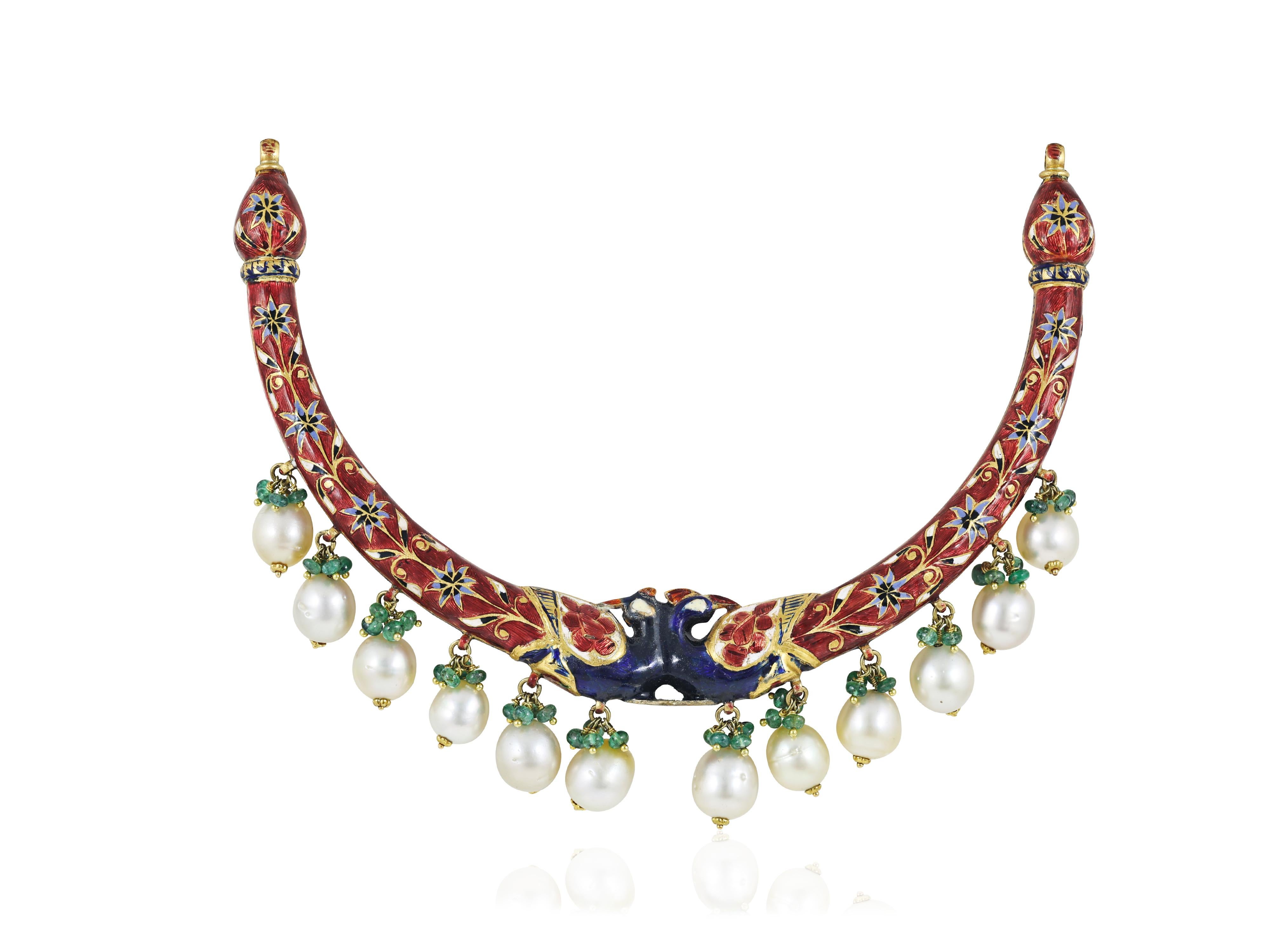 Women's 22K gold Mughal Indian peacock necklace with diamond polki, enamel and south sea For Sale