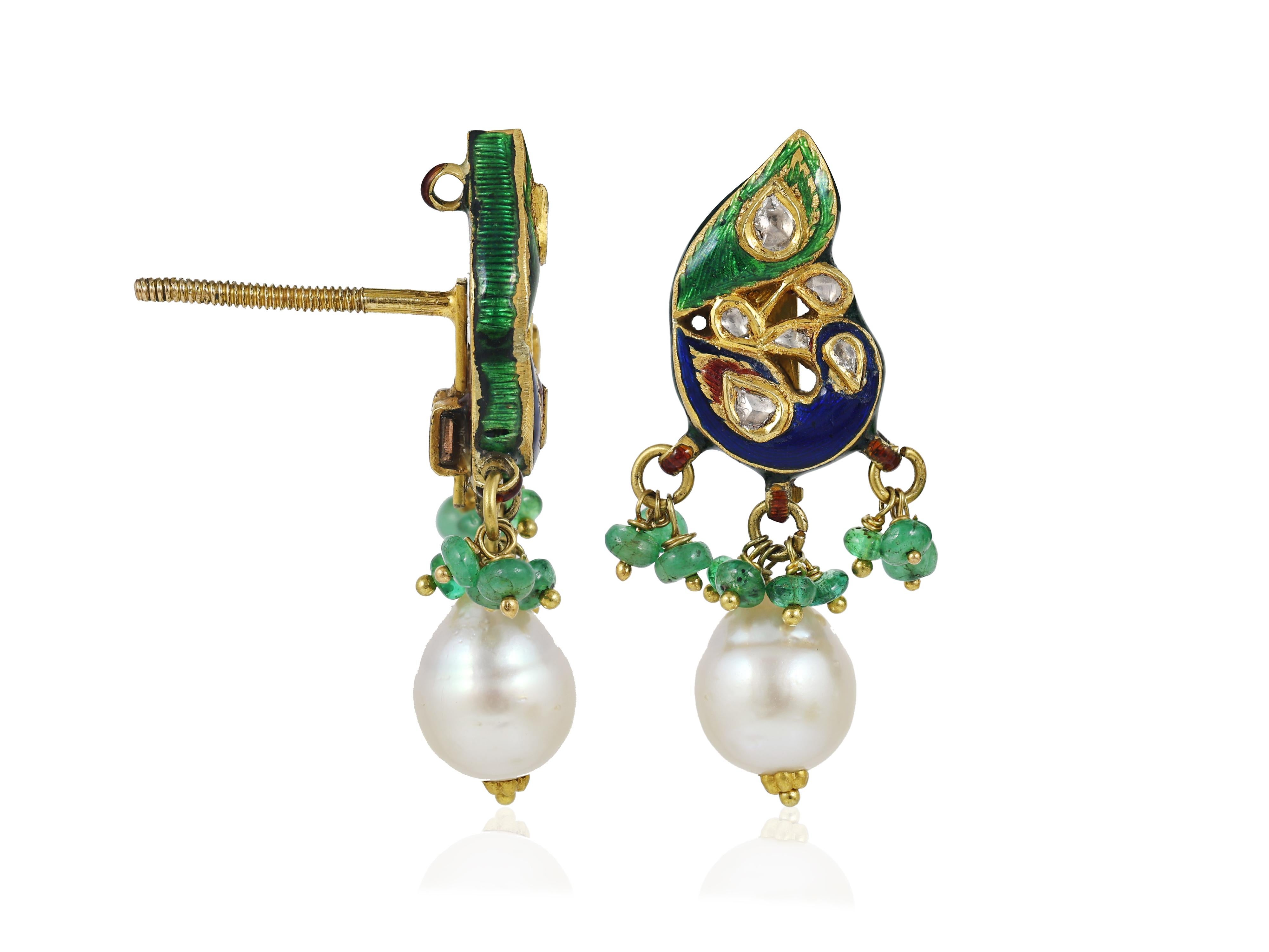22K gold Mughal Indian peacock necklace with diamond polki, enamel and south sea For Sale 2