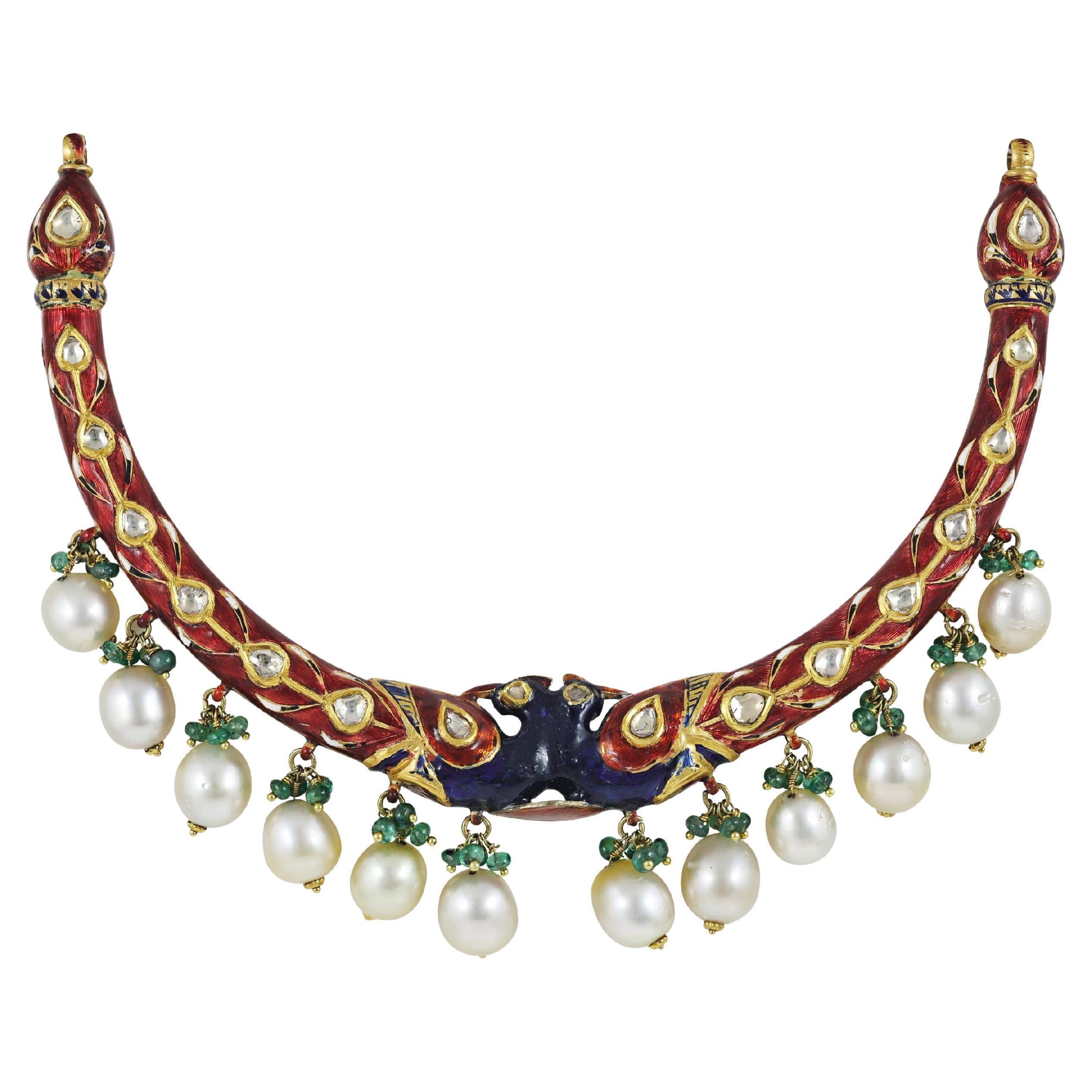 22K gold Mughal Indian peacock necklace with diamond polki, enamel and south sea For Sale