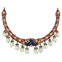 22K gold Mughal Indian peacock necklace with diamond polki, enamel and south sea