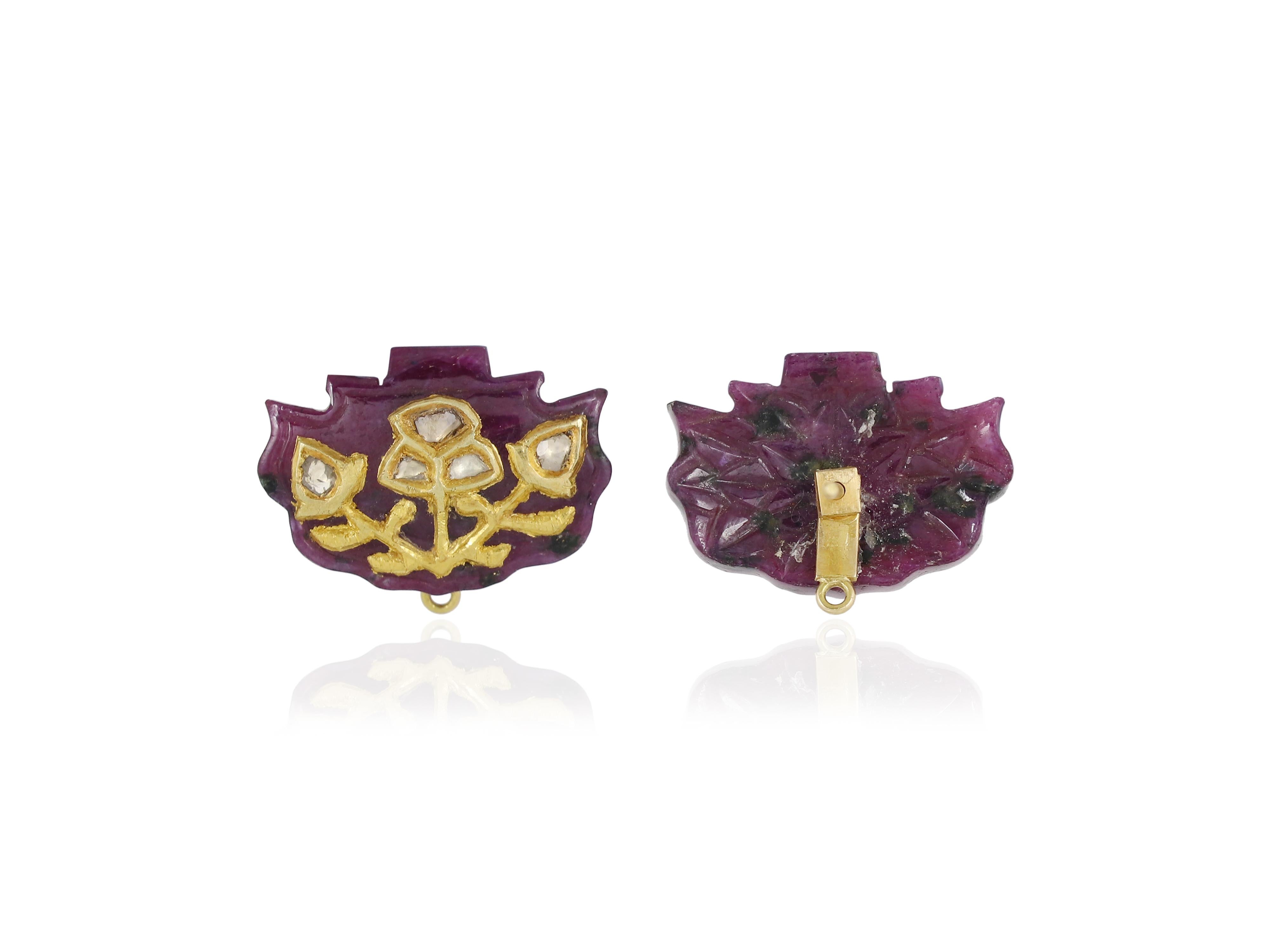 Women's 22K gold Mughal natural ruby studs inlaid with diamonds and gold For Sale
