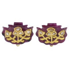 22K gold Mughal natural ruby studs inlaid with diamonds and gold