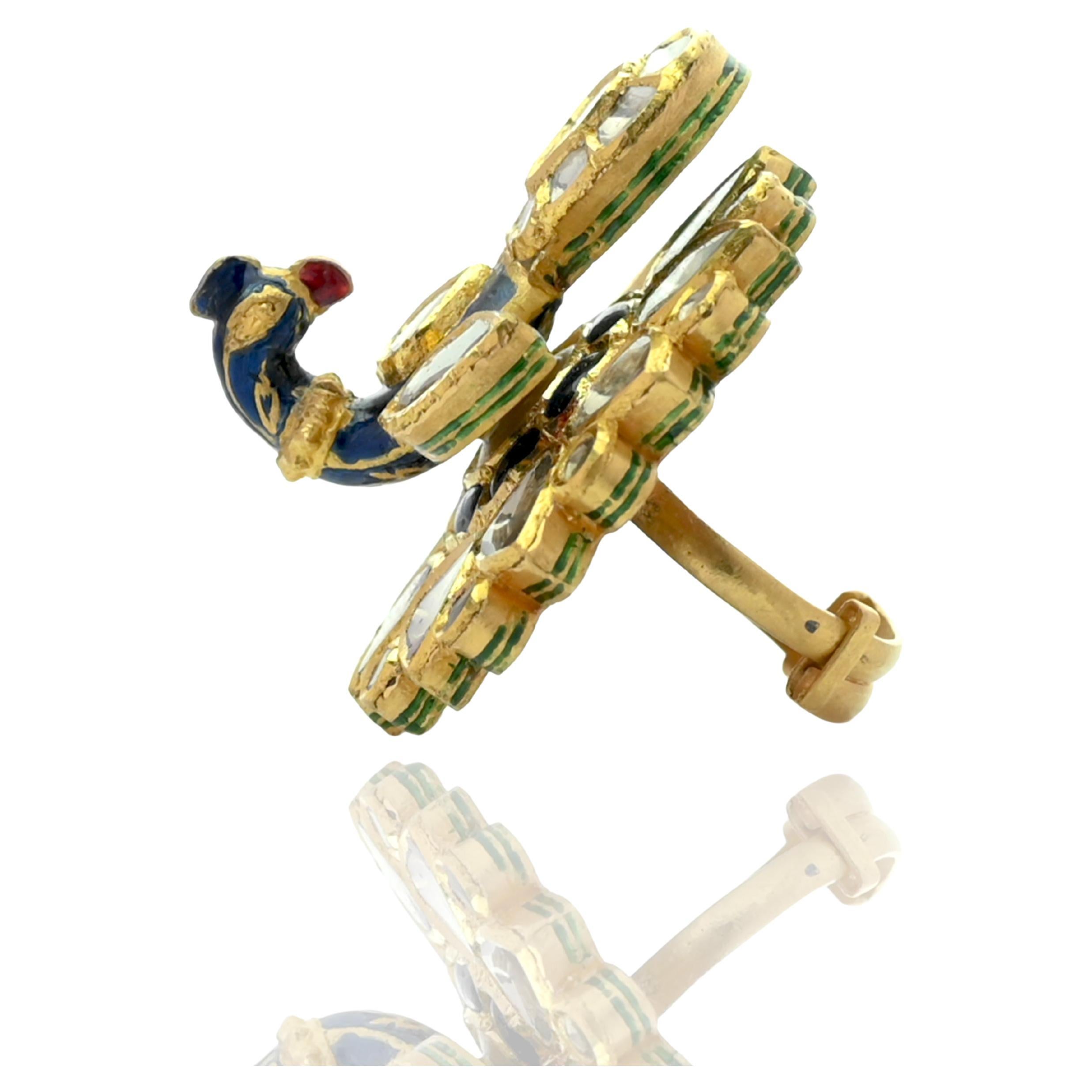 22K Gold Mughal Peacock enamel kundan meena ring studded with diamond polkis