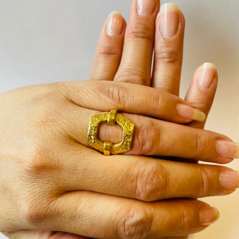 Artisan 22k Gold Hexagon Textured Ring For Sale