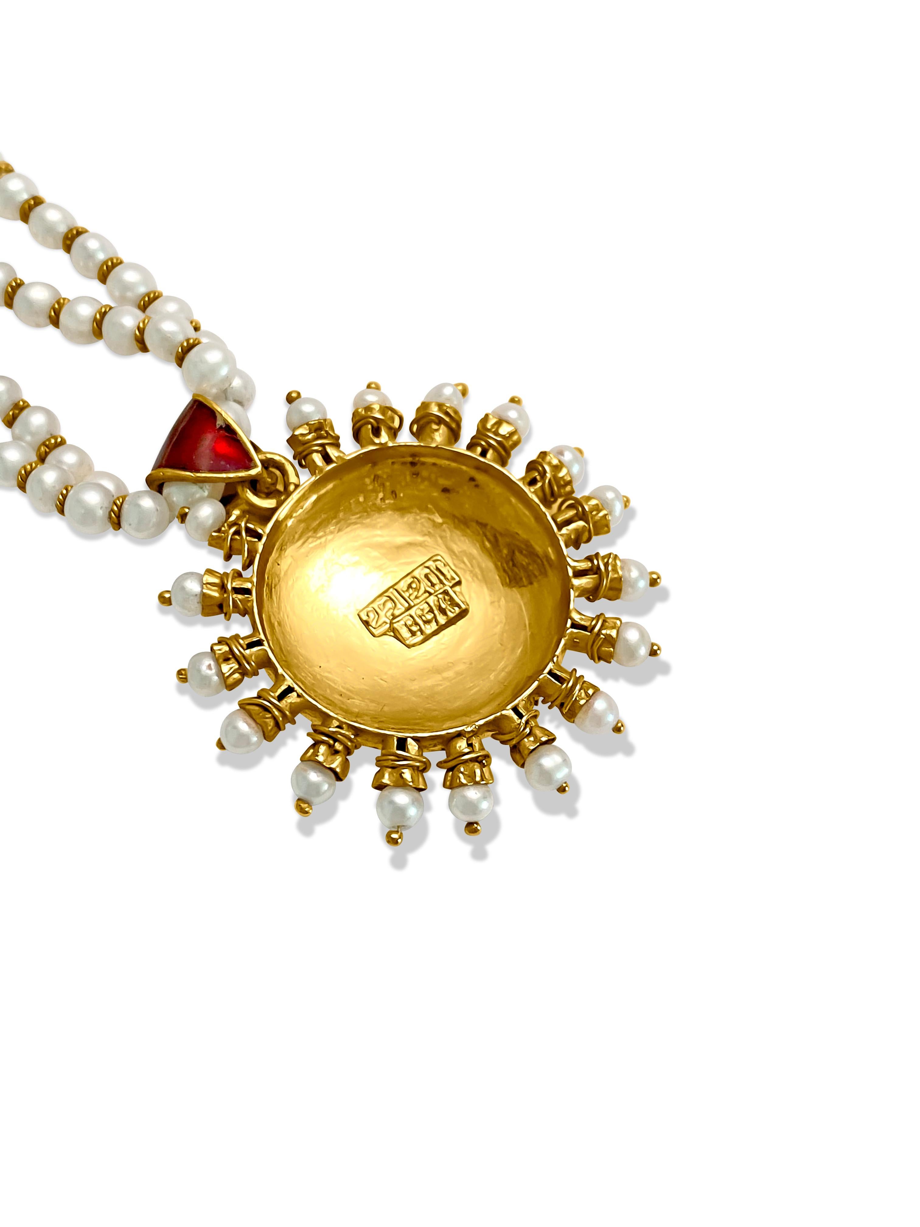 Art Nouveau 22k Gold Natural Basra Pearl Diamond Emerald Necklace. For Sale