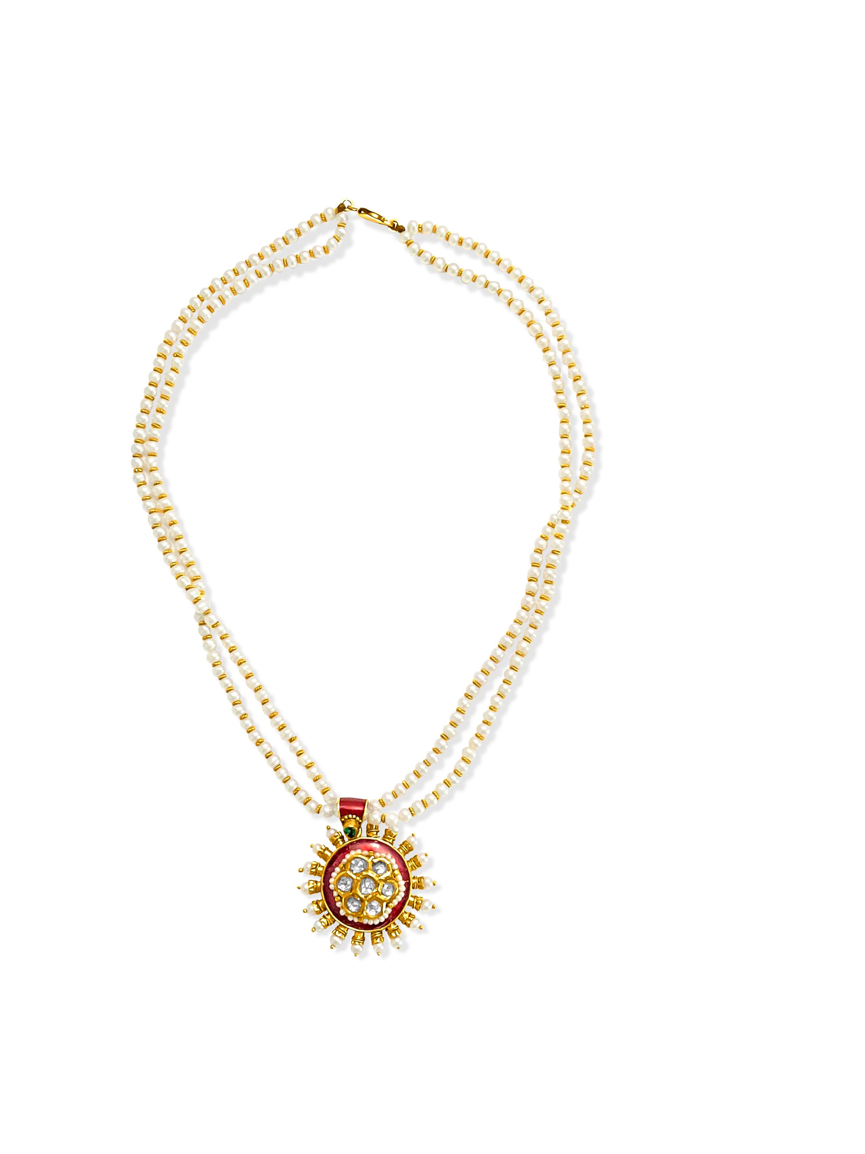 Art Nouveau 22k Gold Natural Basra Pearl Diamond Emerald Necklace. For Sale