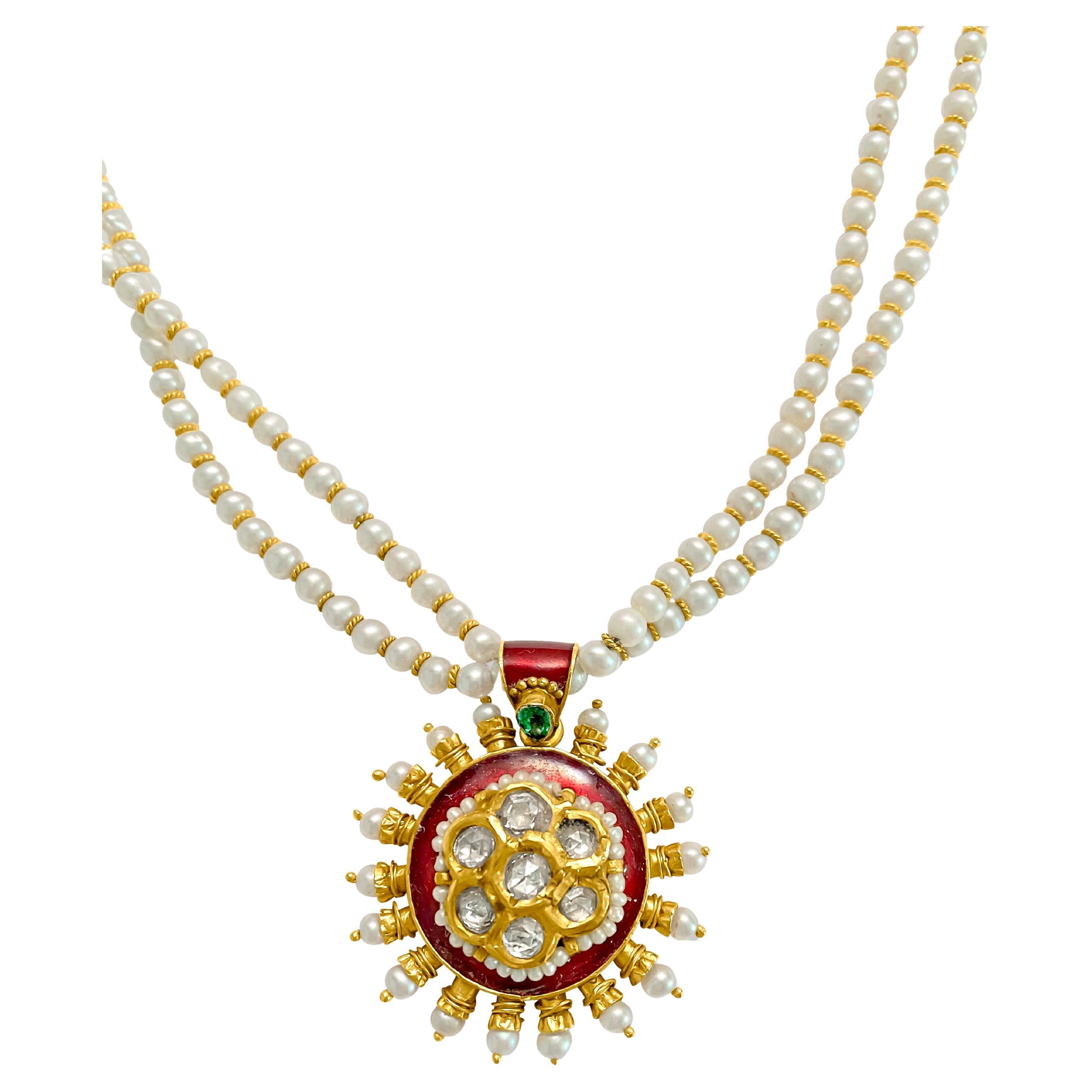 22k Gold Natural Basra Pearl Diamond Emerald Necklace
