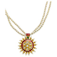 22k Gold Natural Basra Pearl Diamond Emerald Necklace