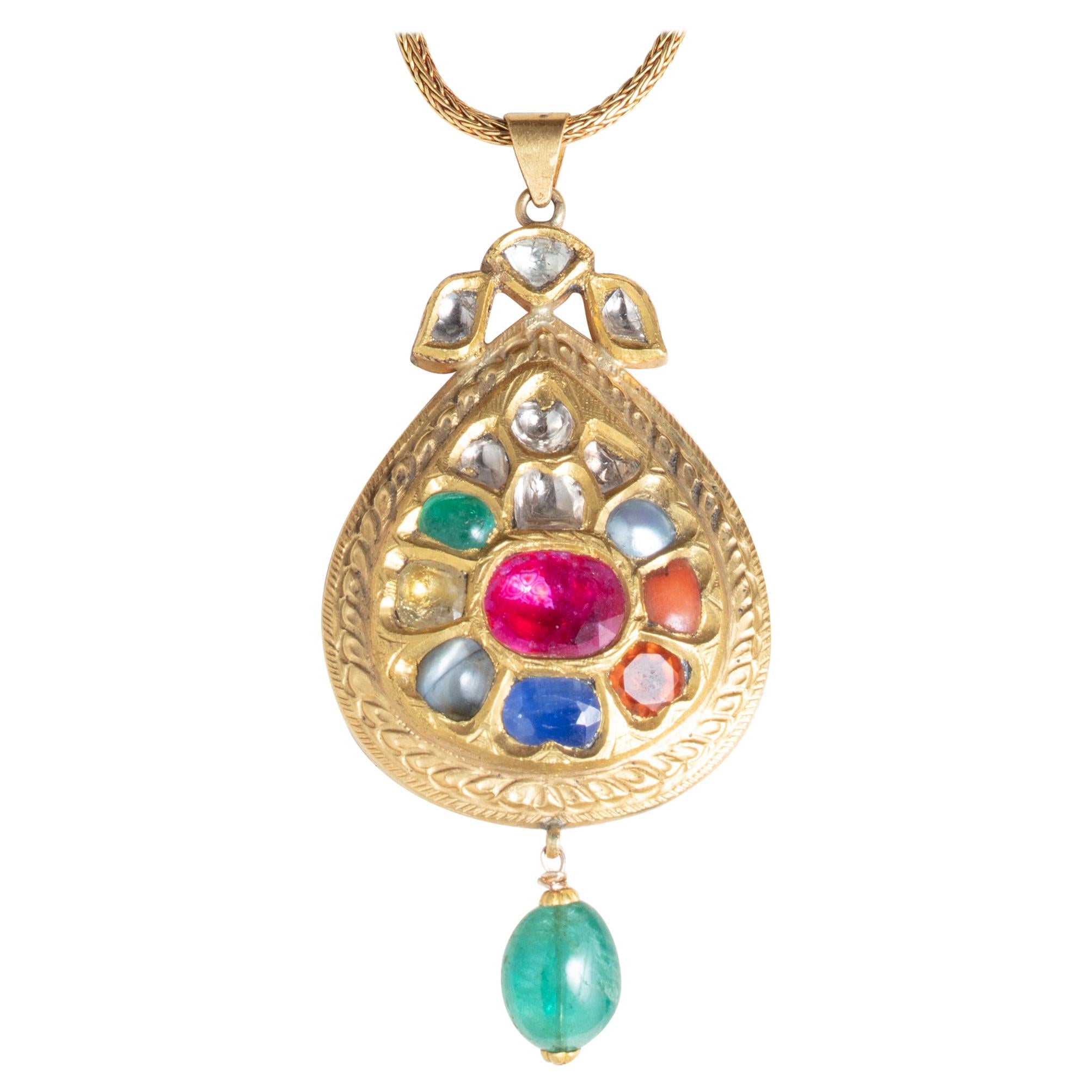 22 Karat Gold Nava Ratna Pendant on Hand-Rolled Gold Chain, India For Sale