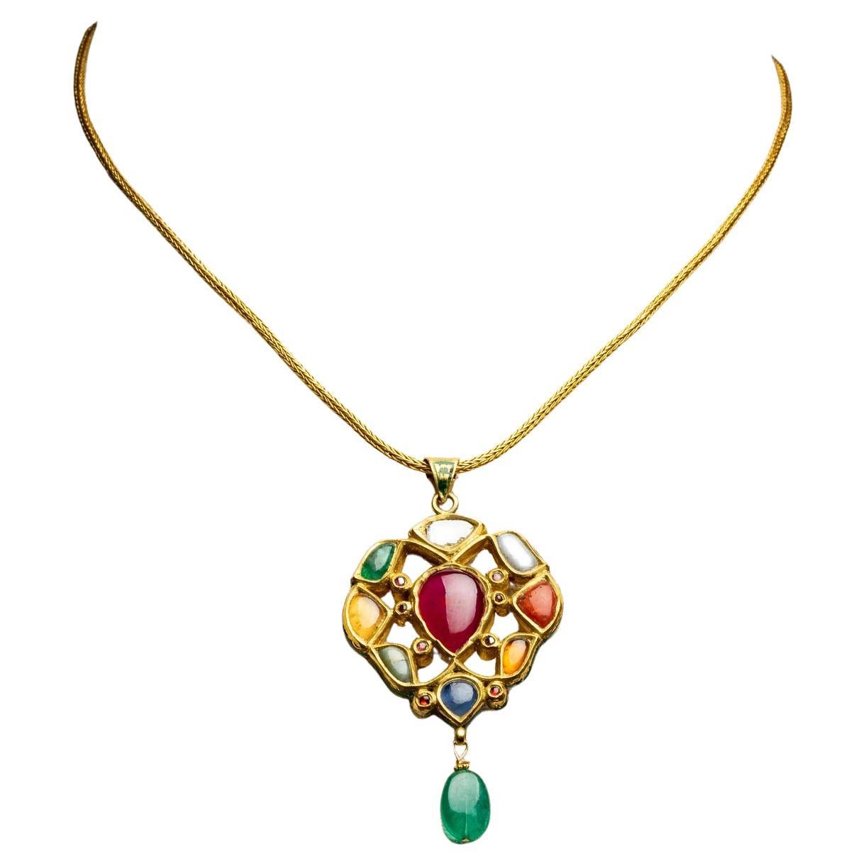22K Gold NavaRatna Reversible Pendant Necklace