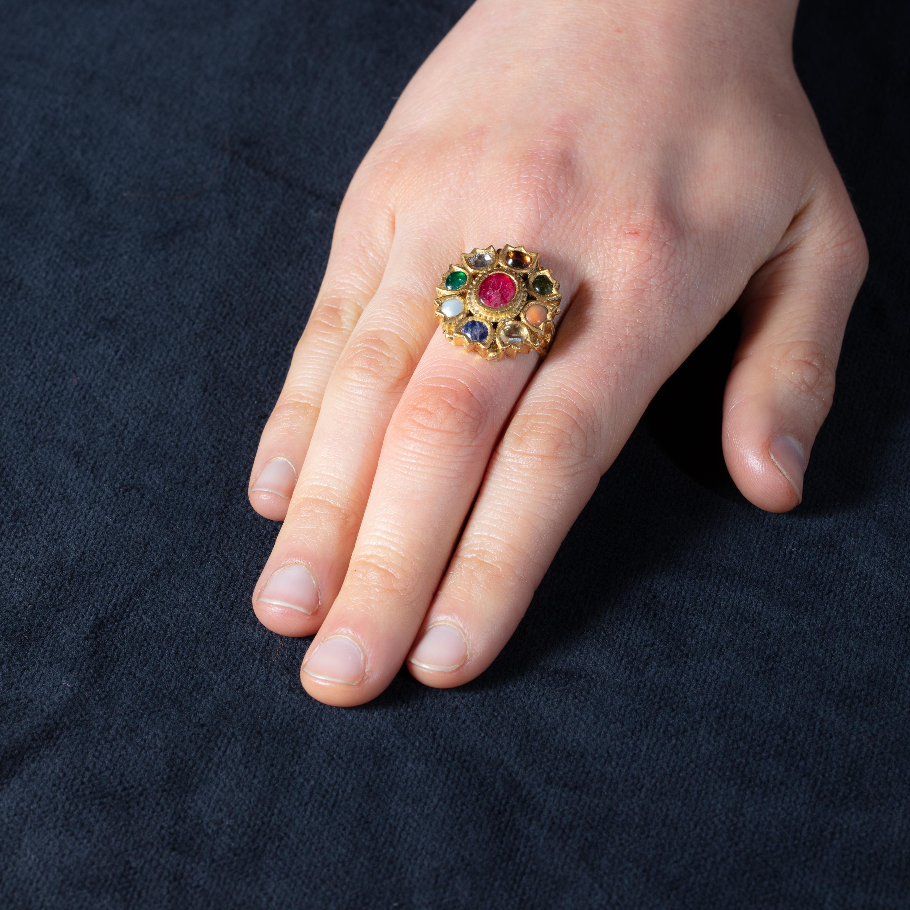 22 Karat Gold NavaRatna Cocktail Ring with Precious and Semi-Precious Stones In Good Condition In Nantucket, MA