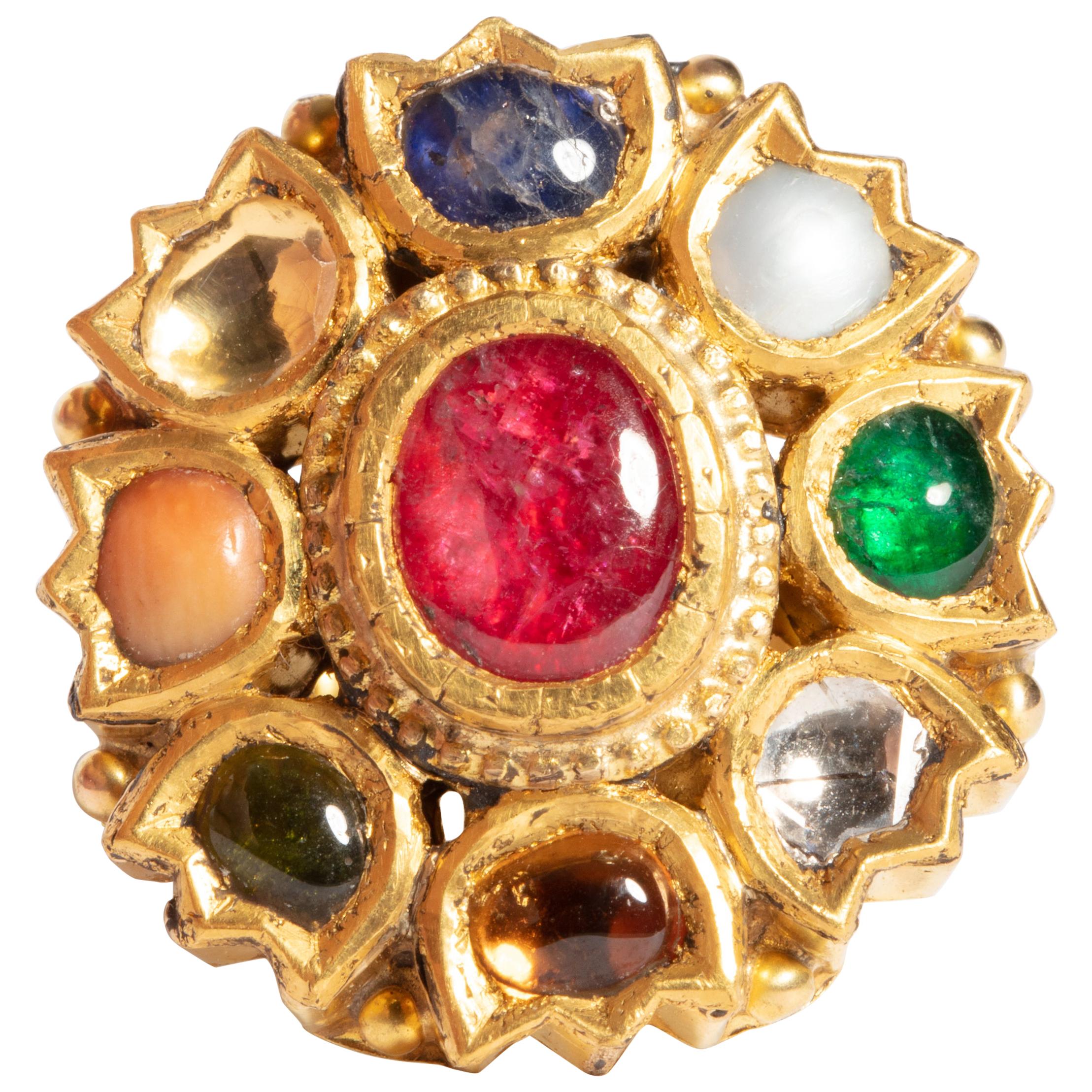 22 Karat Gold NavaRatna Cocktail Ring with Precious and Semi-Precious Stones
