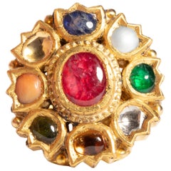 Vintage 22 Karat Gold NavaRatna Cocktail Ring with Precious and Semi-Precious Stones