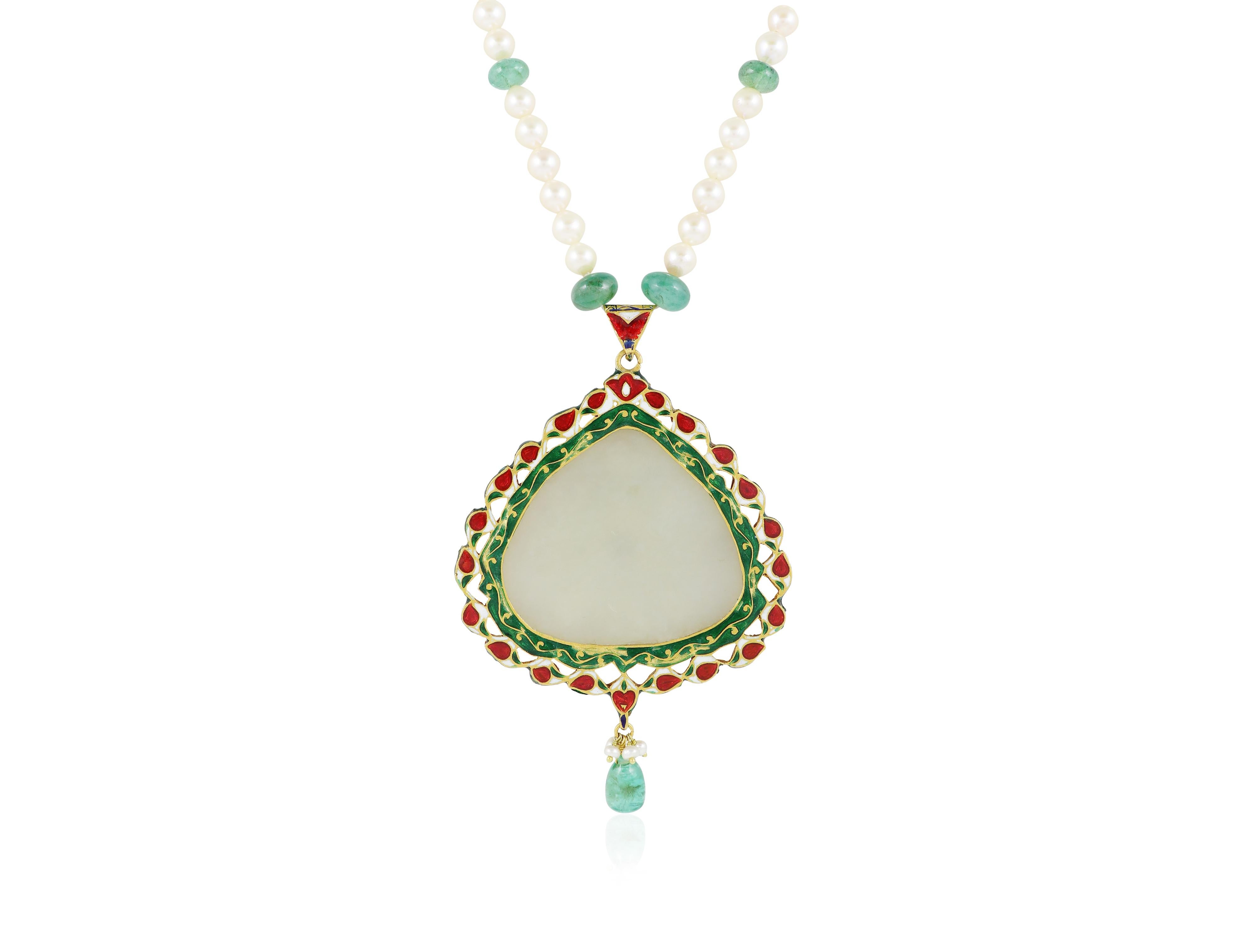 22K gold navratna Jade pendant - Mughal inspired Indian & Islamic art heirloom For Sale 1