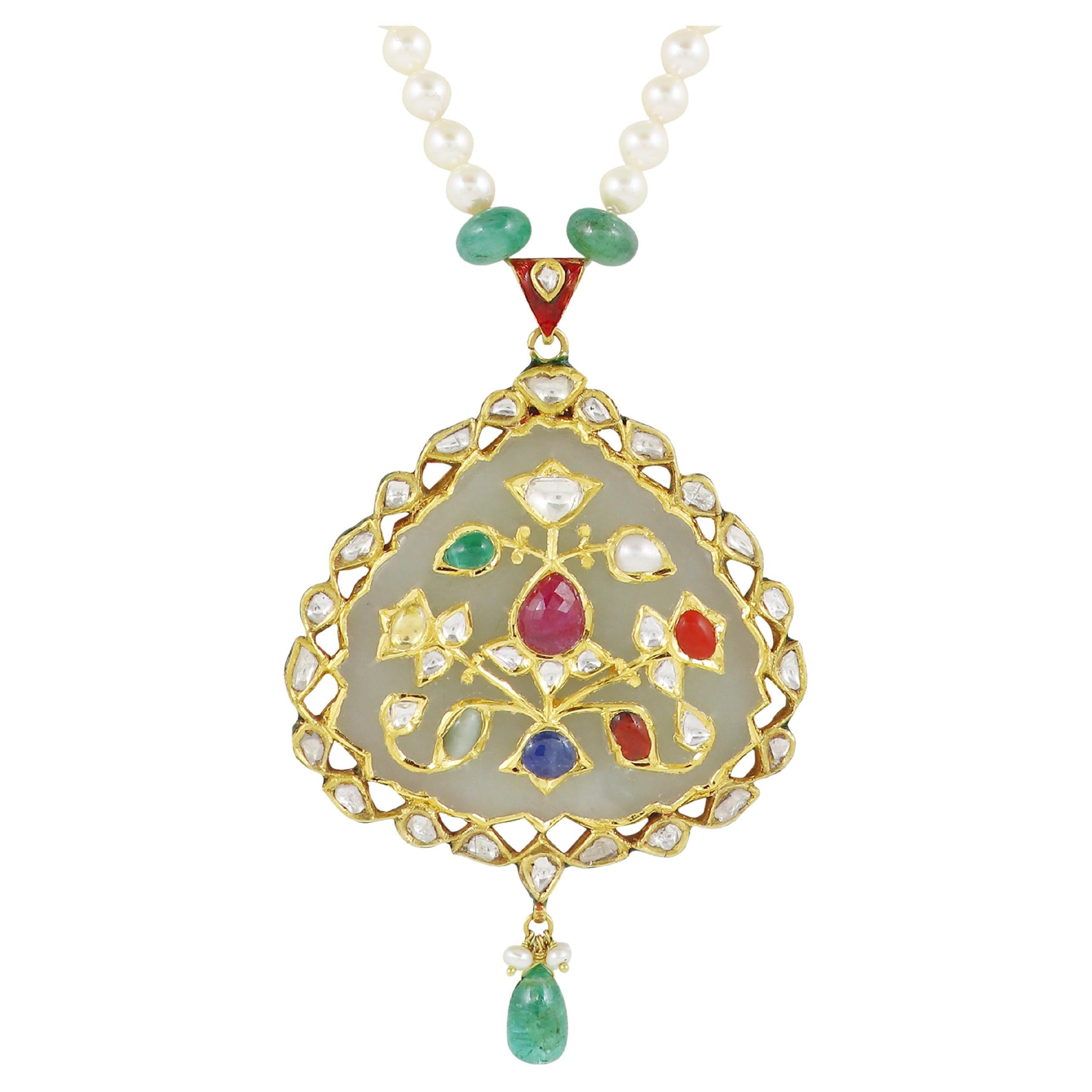 22K gold navratna Jade pendant - Mughal inspired Indian & Islamic art heirloom For Sale