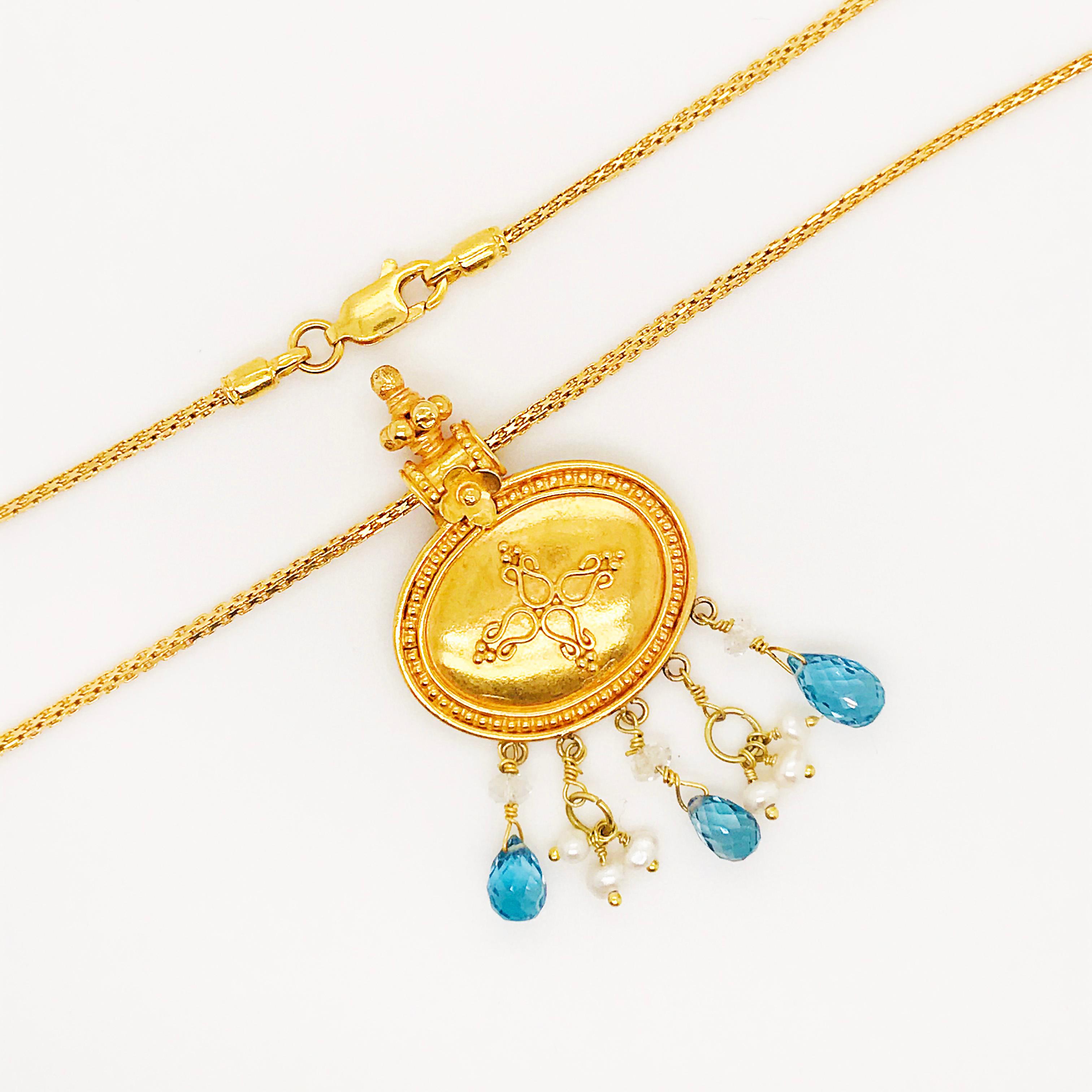 Artisan 22k Gold Necklace Blue Topaz, Seed Pearls, Clear Quartz Pendant, Fancy Box Chain
