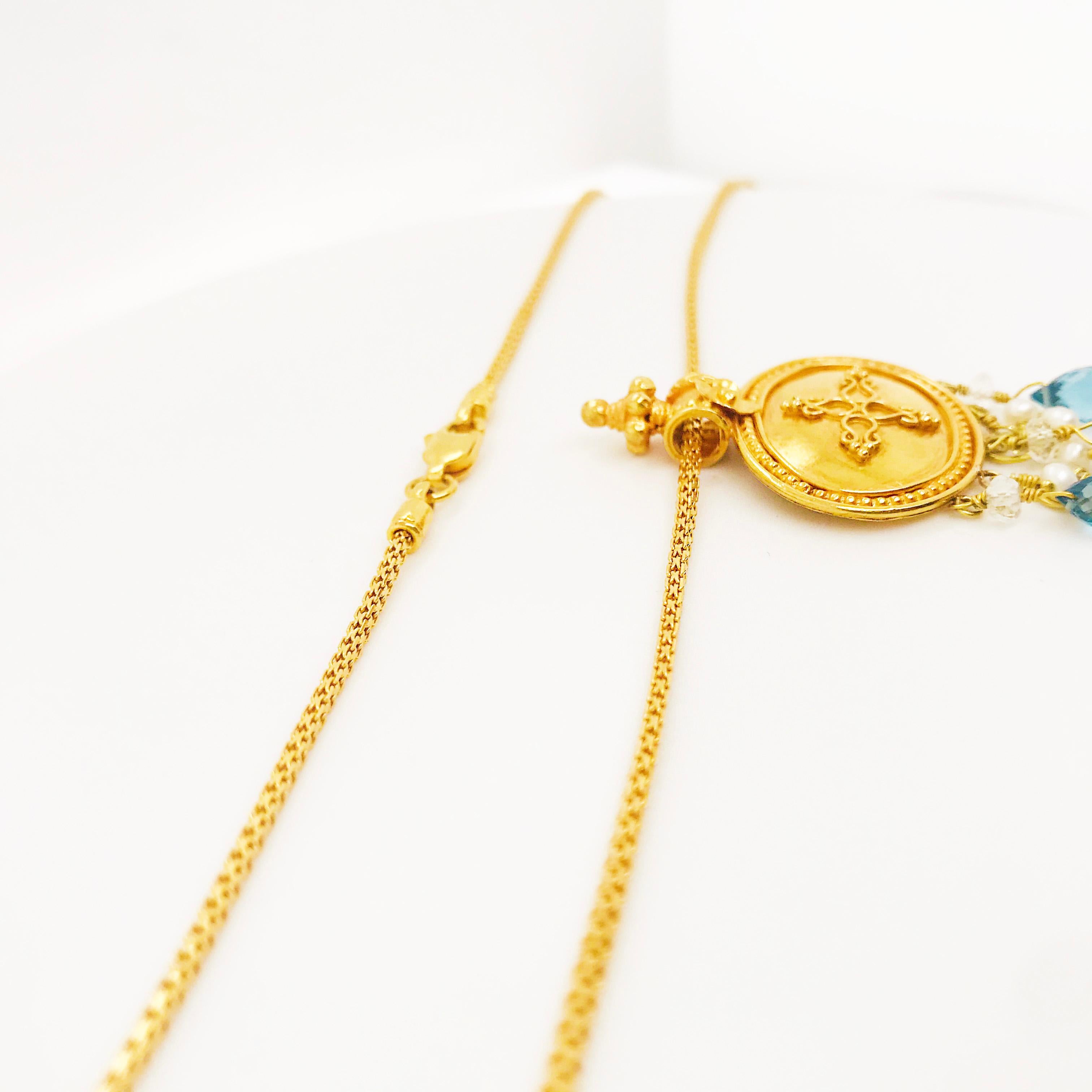 22k Gold Necklace Blue Topaz, Seed Pearls, Clear Quartz Pendant, Fancy Box Chain In New Condition In Austin, TX