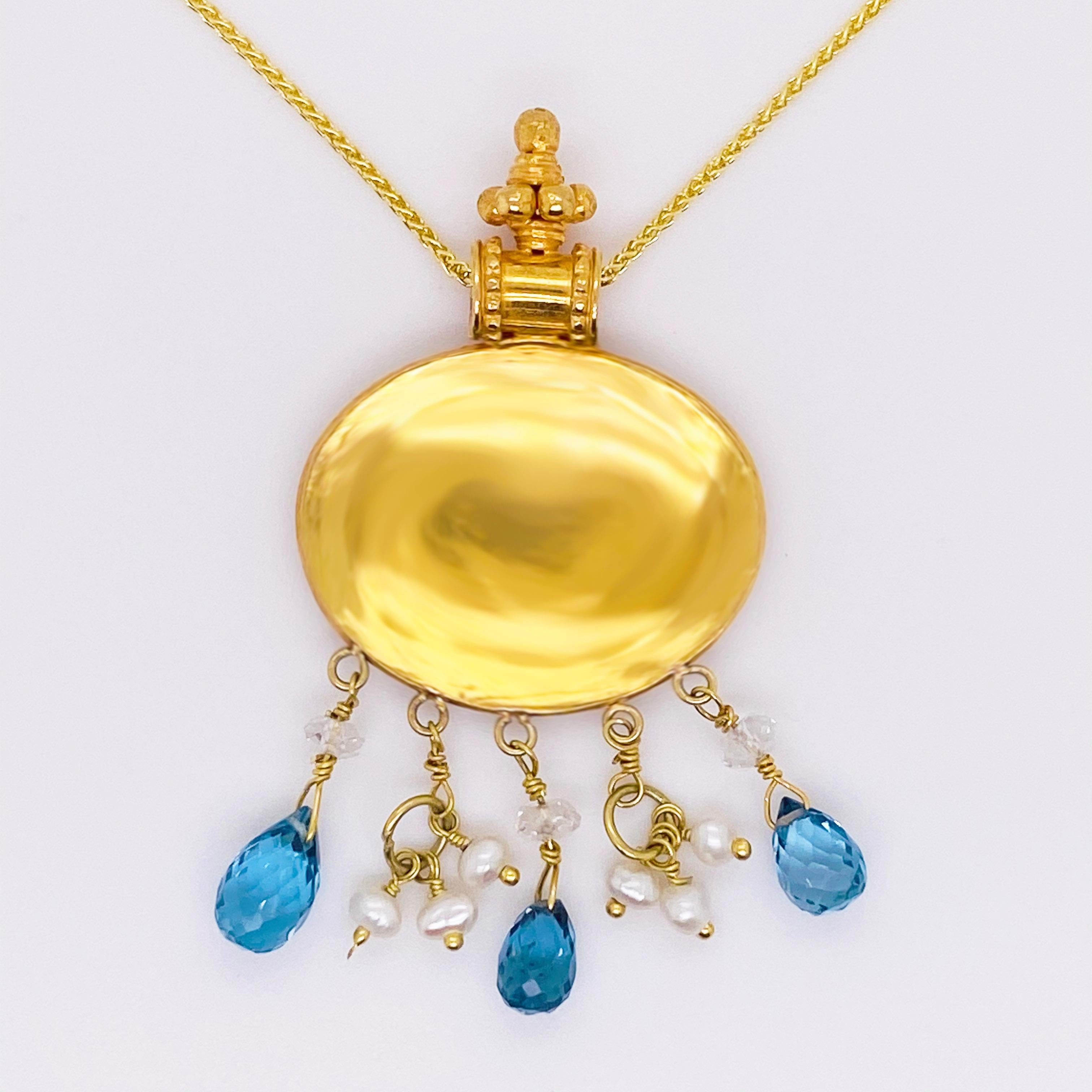 Briolette Cut 22k Gold Necklace Blue Topaz, Seed Pearls, Clear Quartz Pendant, Fancy Box Chain