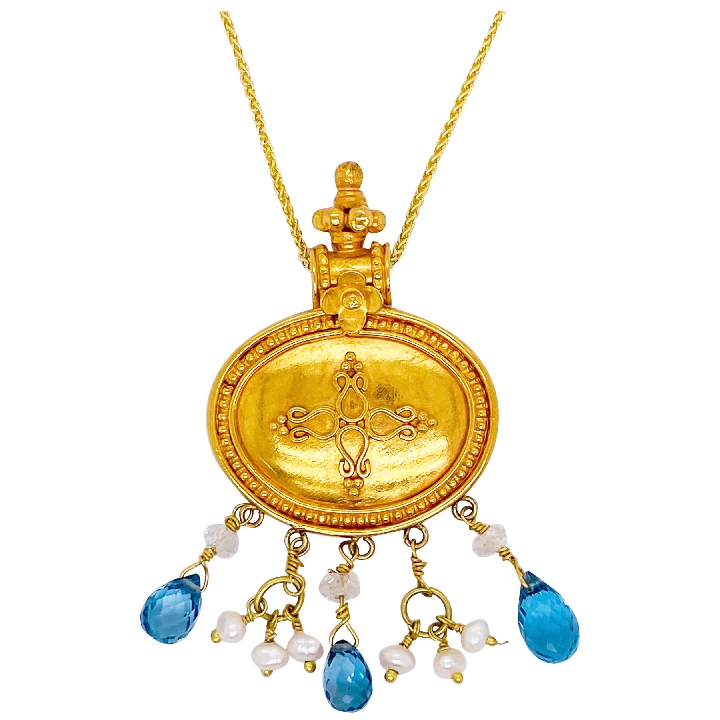 22k Gold Necklace Blue Topaz, Seed Pearls, Clear Quartz Pendant, Fancy Box Chain