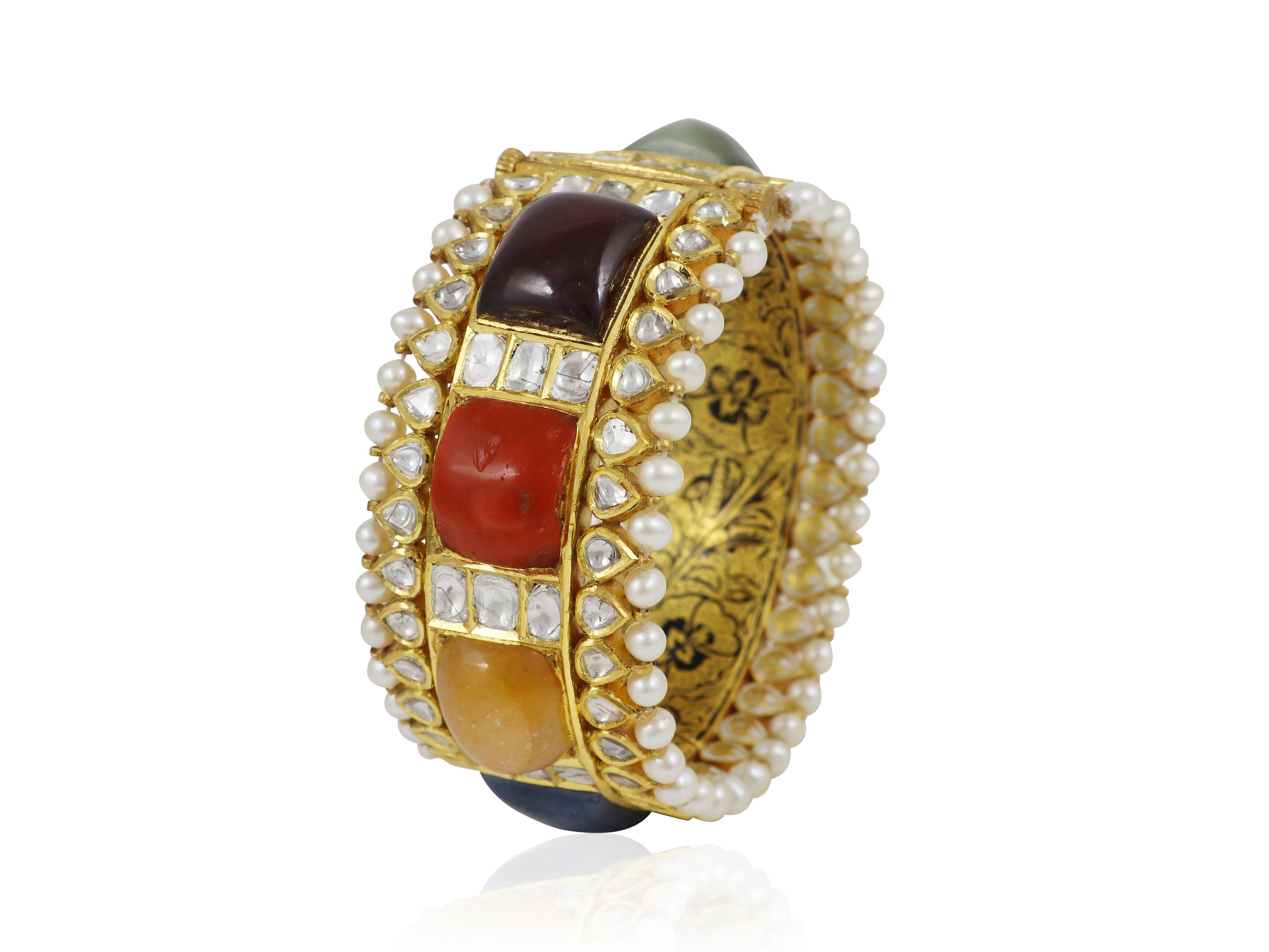 Women's 22K gold nine precious gemstone Navratna bangle with diamond polkis For Sale